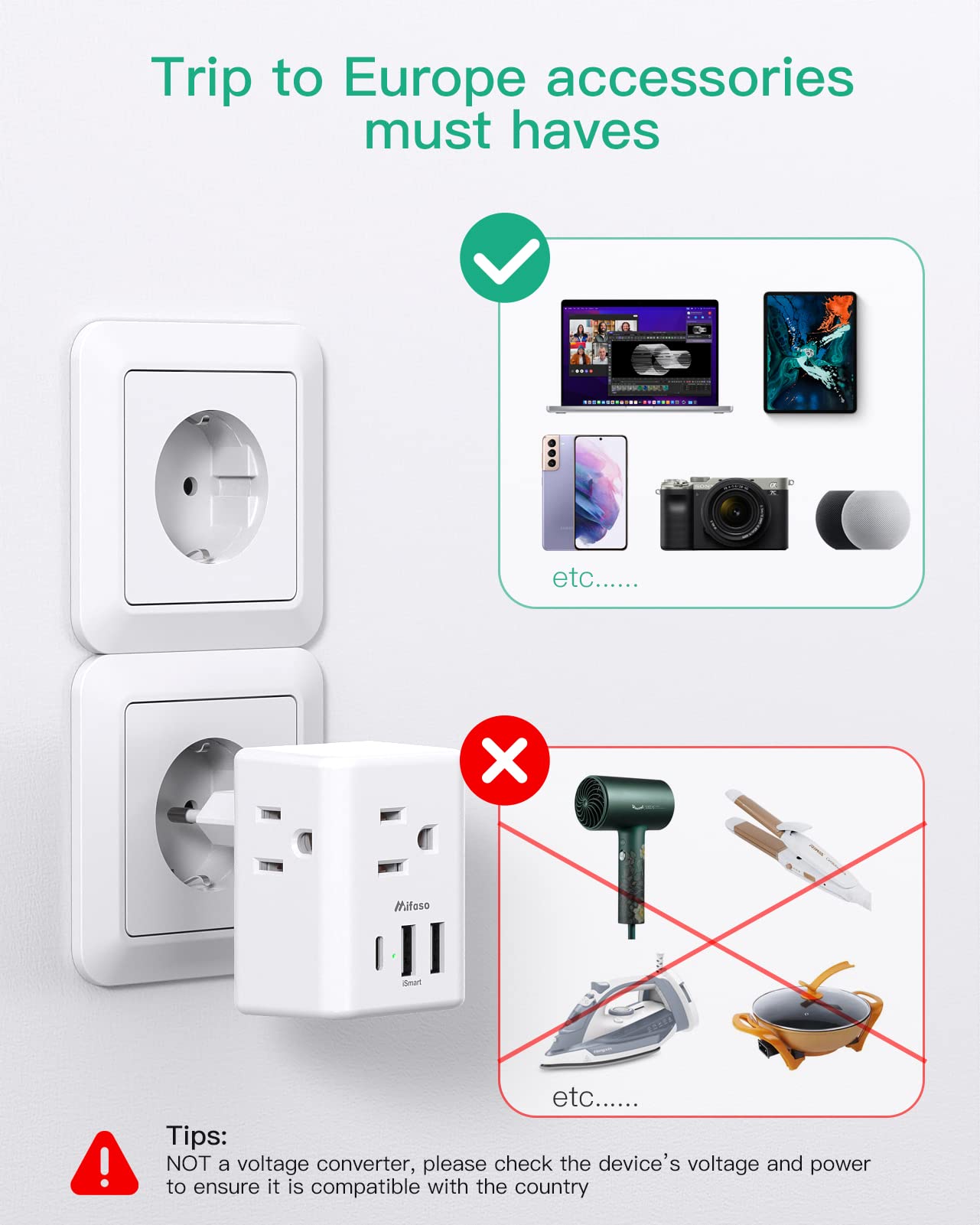 European Travel Plug Adapter With Usb Charging Ports(1 Usb C), International Type C Power Adapter For Us To Most Of Europe Eu It
