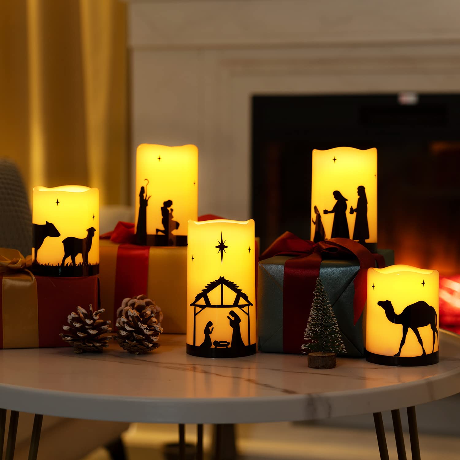 Homemory Flameless Christmas Nativity Scene Candles, Battery Operated Led Pillar Religion Candles, Nativity Sets Indoor Outdoor