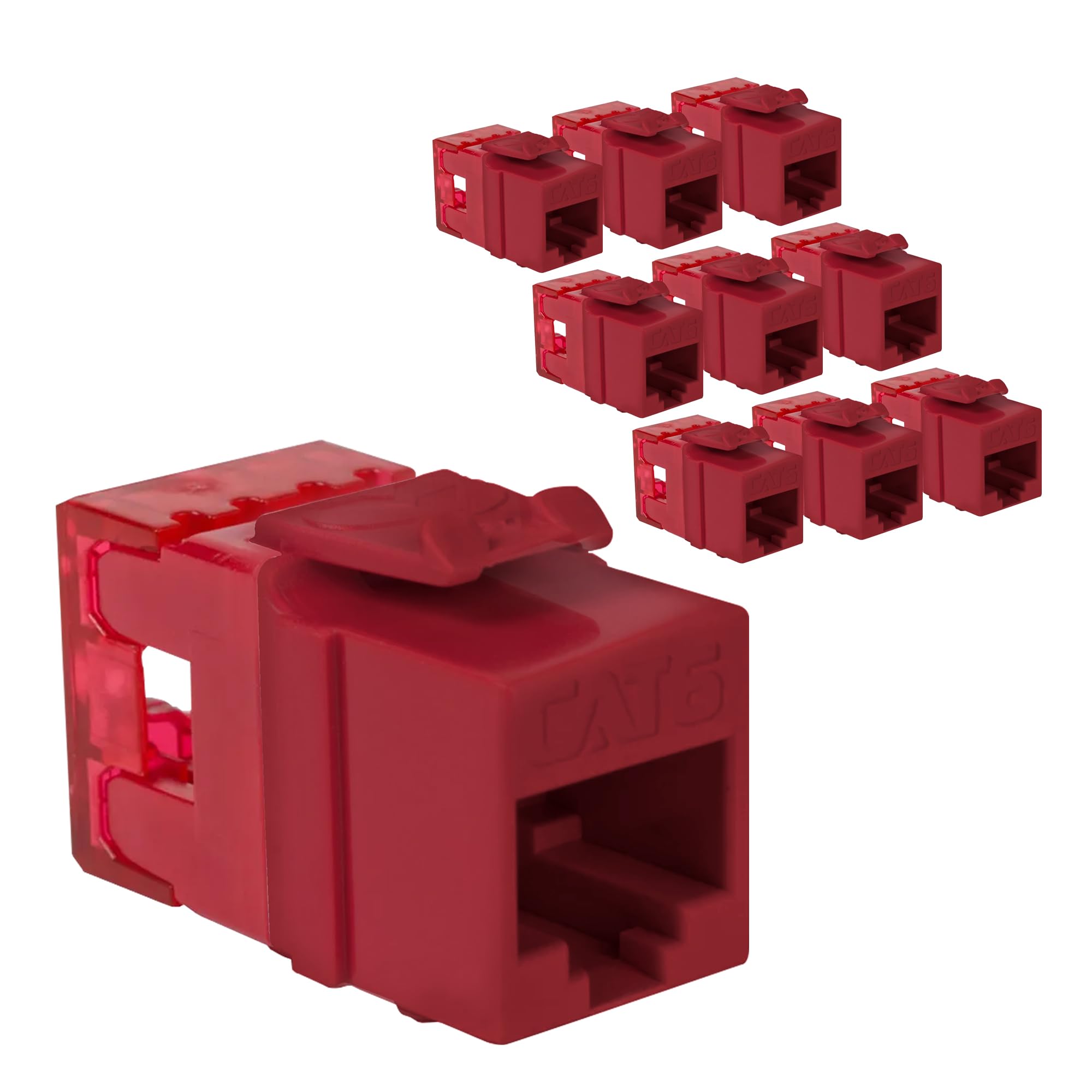 ICC CAT6 Keystone Jack with Slim Profile 180 Degree Punch Down, RJ45 UL Listed PoE++ TAA Compliant for Wall Plate or Patch Panel, Works with JackEasy Termination Tool, Red 10 Pack
