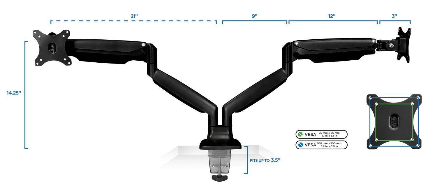 Mount It! Dual Monitor Arm Mount | Desk Stand | Two Articulating Gas Spring Height Adjustable Arms | Fits 2 x 24 27 29 30 32 Inch VESA 75 100 Compatible Screens | C Clamp and Grommet Bases (Black)