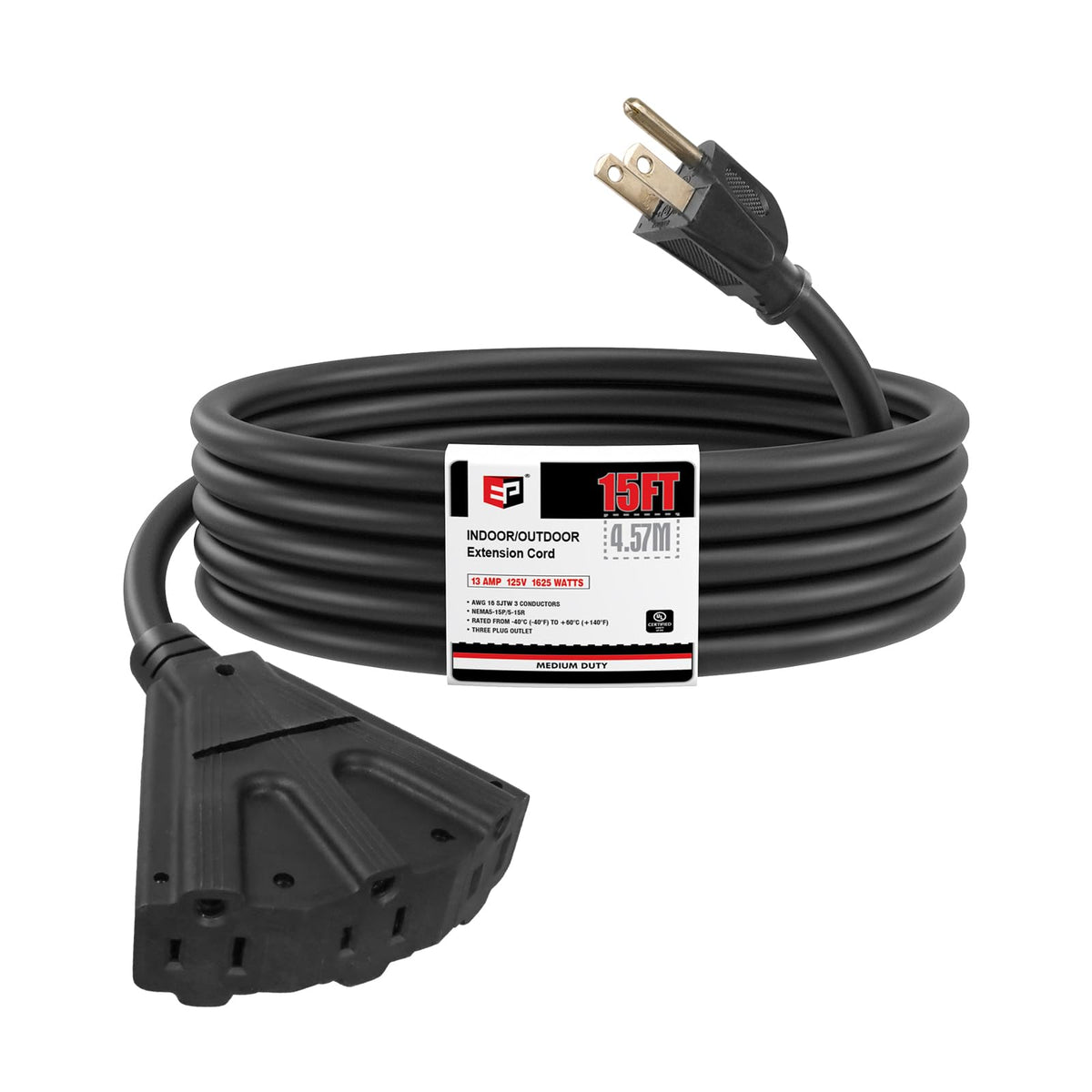 Ep 15 Ft Outdoor Extension Cord With 3 Electrical Power Outlets   16/3 Sjtw Black Cable With 3 Prong Grounded Plug For Safety Gr