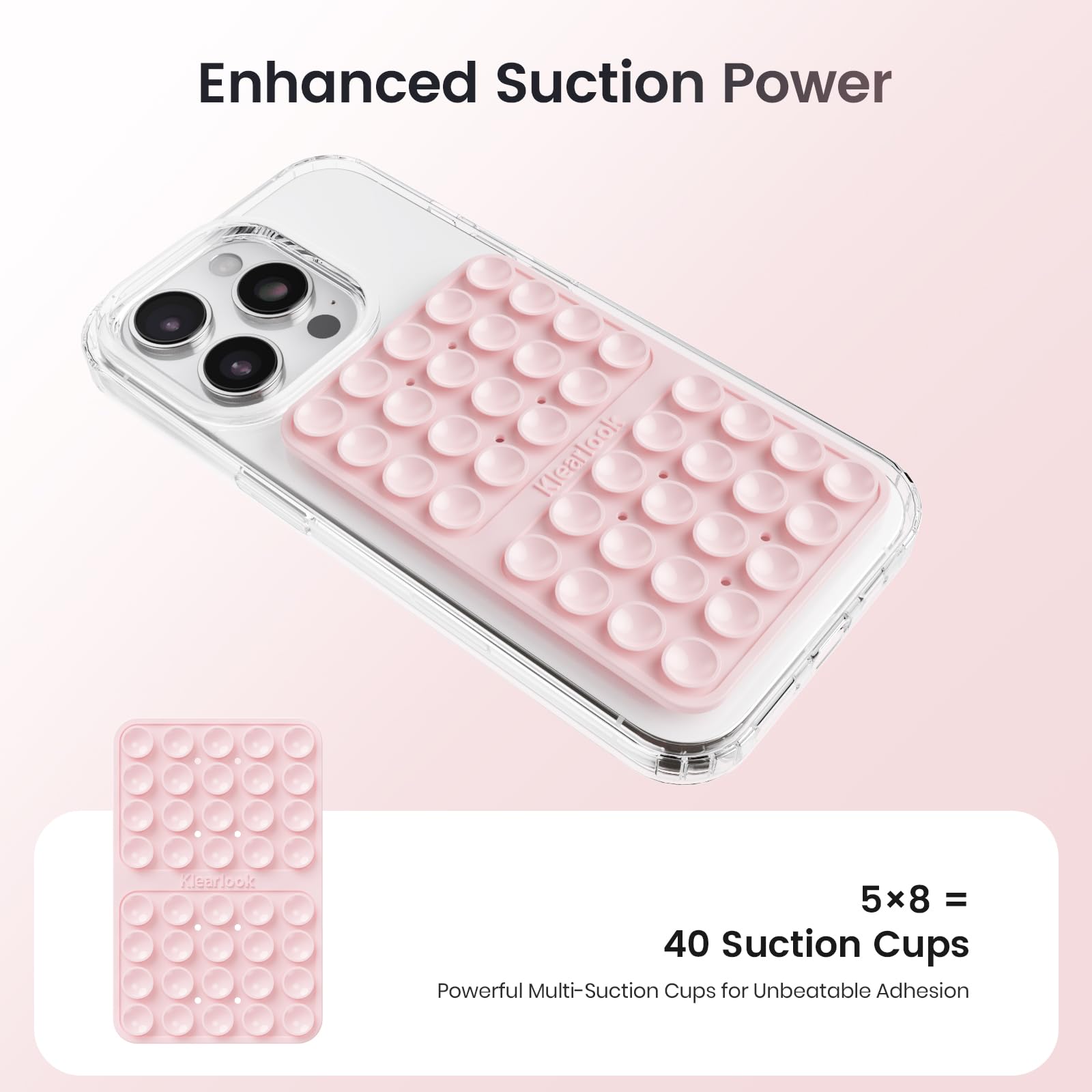 Klearlook Silicone Double-Sided Suction Cup Phone Case, Light Pink - Detachable Mount & Sticky Grip for iPhone, Perfect for Selfies & Videos