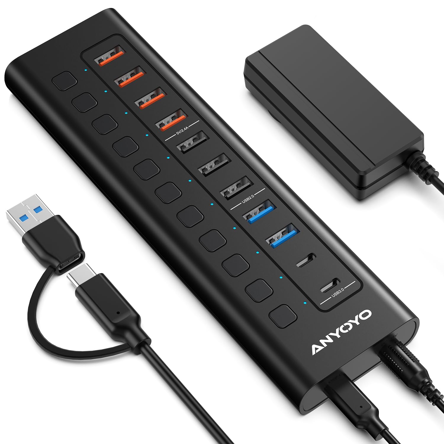 Powered Usb Hub, Anyoyo 11 Port Usb Splitter Hub (4 Usb 3.0, 3 Usb A 2.0, 4 Usb Charging Ports),Wall Mounting Design, Individual