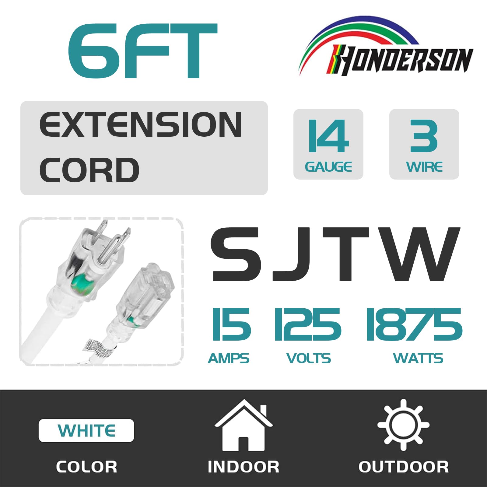 Honderson Indoor Outdoor Extension Cord Weatherproof With Lighted End, Ul Listed, 14 Gauge 6Ft White 3 Prong Heavy Duty Extensio