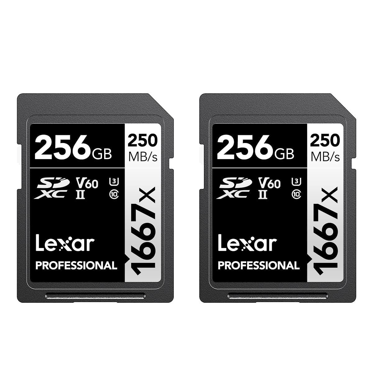 Lexar 256GB (2-Pack) Professional 1667x SDXC Memory Cards, UHS-II, C10, U3, V60, Full-HD & 4K Video, Up To 250MB/s Read, for Professional Photographer, Videographer, Enthusiast (LSD1667256G-B2NNU)