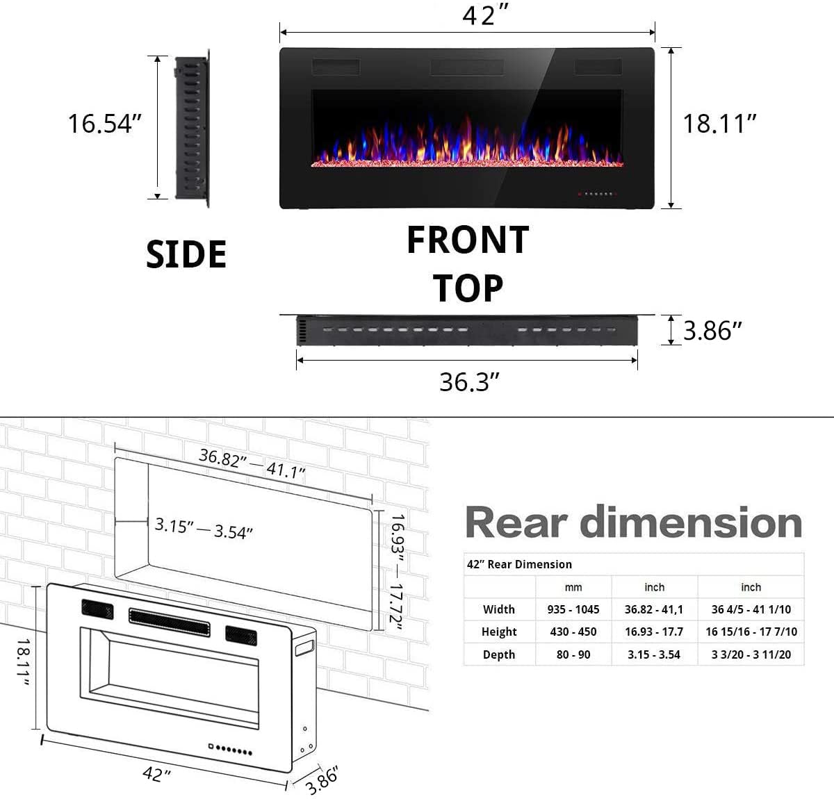 R.W.Flame 42In Recessed And Wall Mounted, The Thinnest Fireplace, Low Noise, Fit For 2 X 6 And 2 X 4 Stud, Remote Control With T