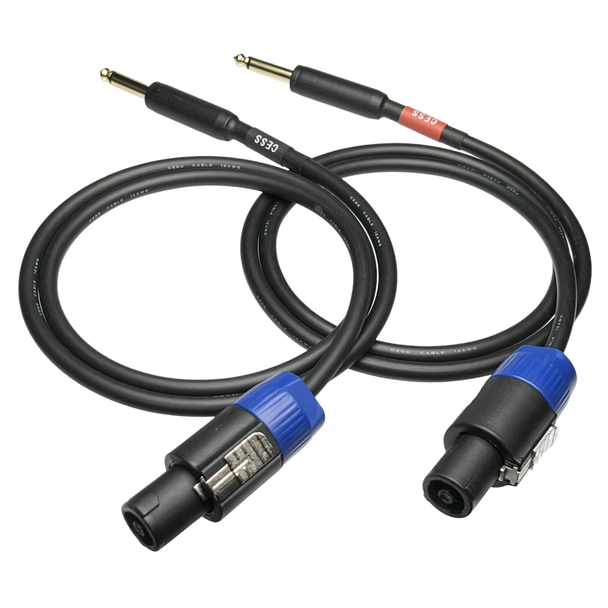 CESS-118-3f Speakon Plug to 1/4 TS Plug 12AWG OFC Speaker Wire, 2 Cables (3 Feet)