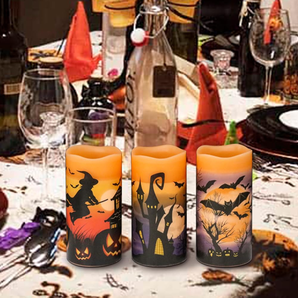 Wondise Halloween Flameless Flickering Candles With 6Hrs Timer, Battery Operated Candles With Halloween Decals Real Wax Led Pill