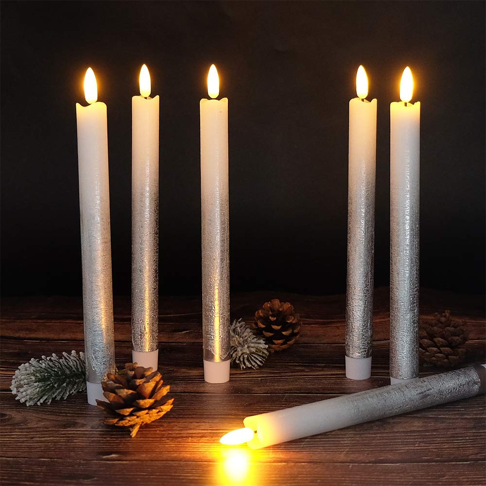 Wondise Flameless Taper Candles With Remote & Timer, 9 Inch Real Wax Silver Battery Operated Led Flickering Candles For Christma
