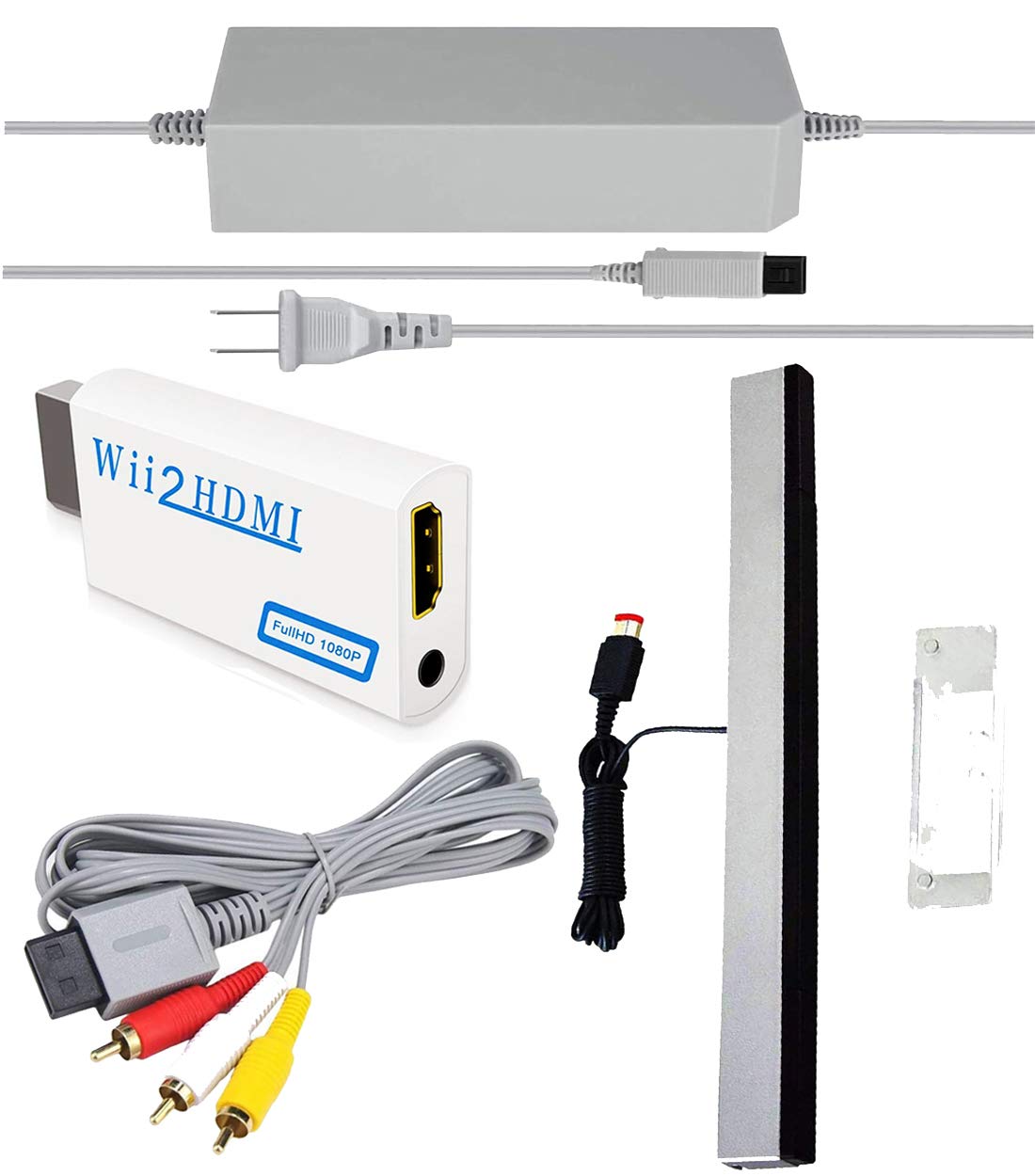 SSIOIZZ 4 in 1 Wii Replacement Cables Set - AC Power Adapter, Wii to HDMI Converter, Wired Motion Sensor Bar and Composite AV Ca