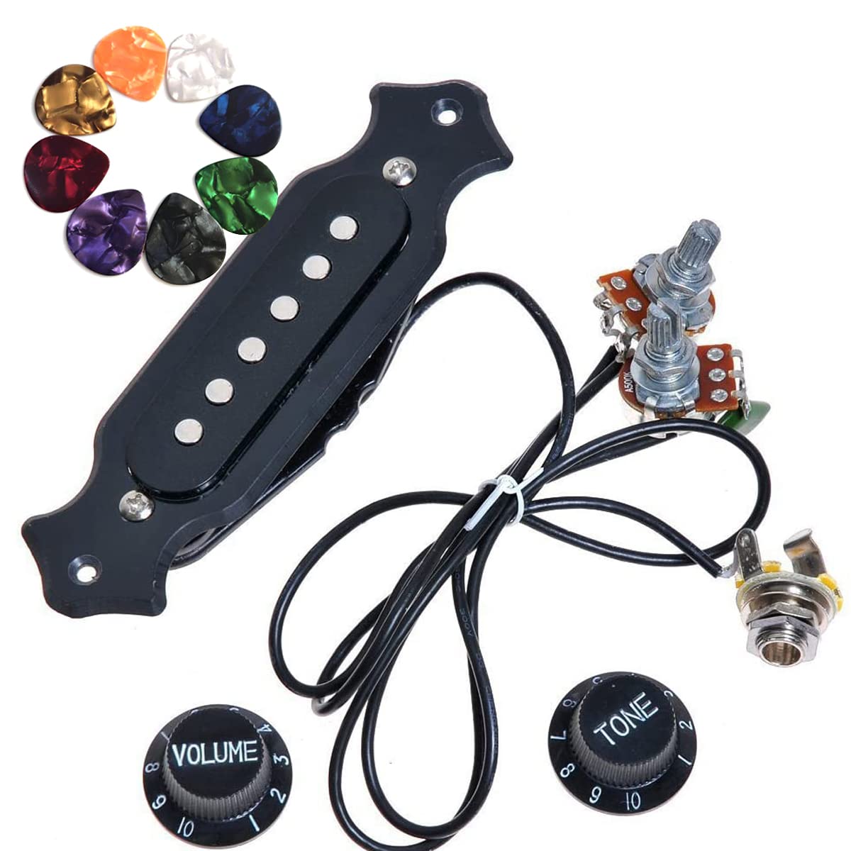 Joinsi 1 Sets Pre Wired 6 String Cigar Box Guitar Pickup Soundhole Harness With Picks, Volume & Tone For Electric Guitar