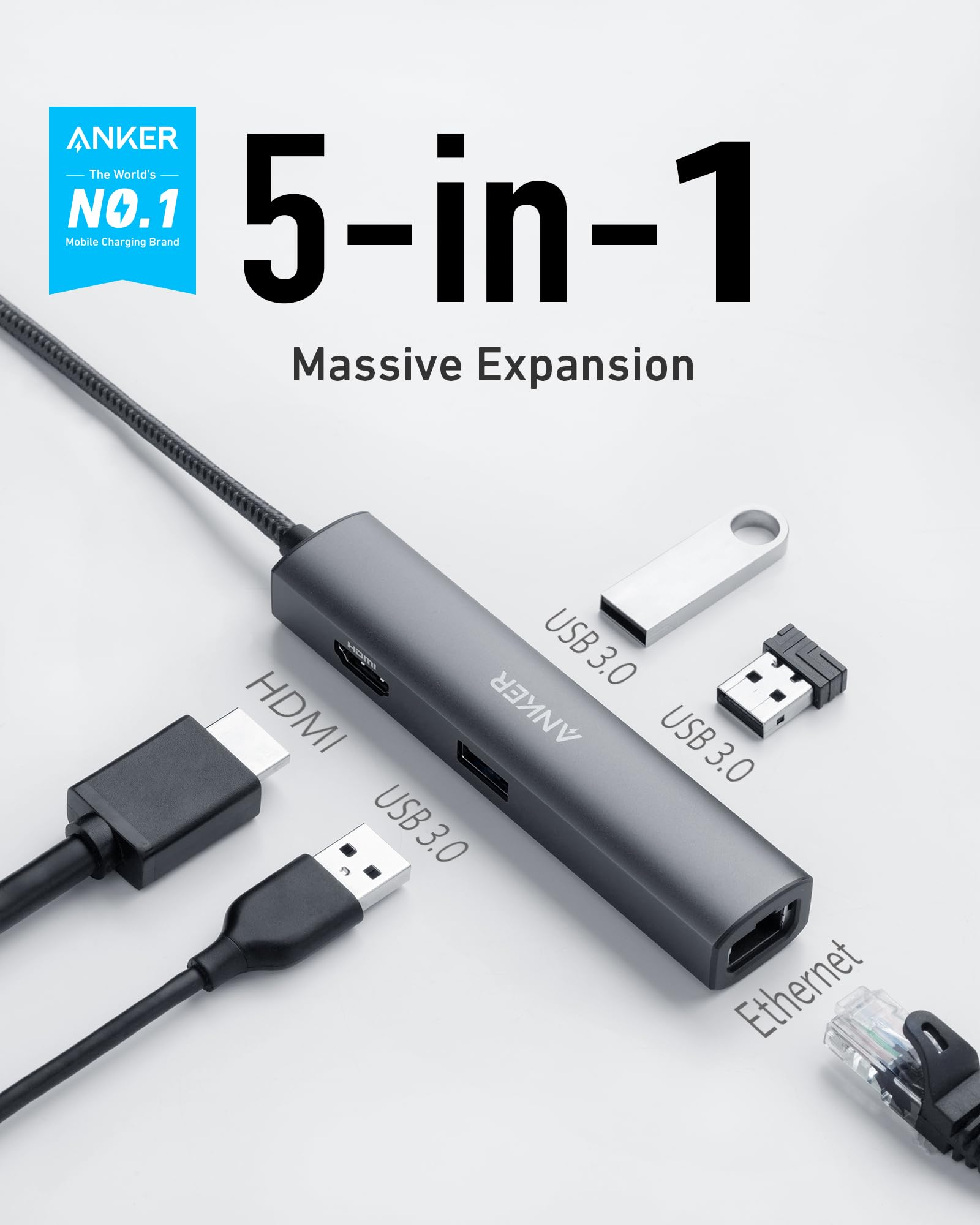Anker Usb C Hub Adapter, 5-In-1 Usb C Adapter With 4K Hdmi, Ethernet Port, 3 3.0 Ports, For Macbook Pro, Ipad Pro, Xps, Pixelboo