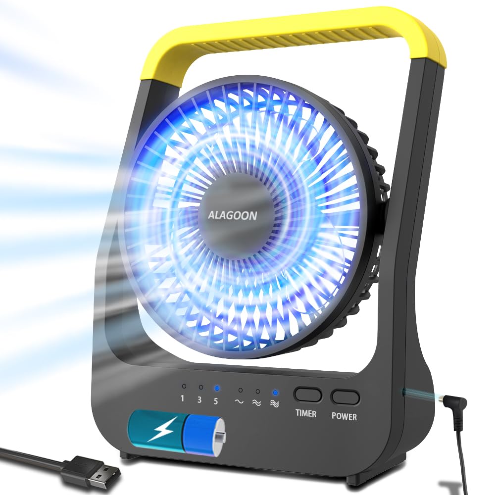 ALAGOON Portable Desk Fan, D Battery Operated Fan for Hurricane, Powered Fan by USB Cable 214H Long Lasting with Timer 6 Porta