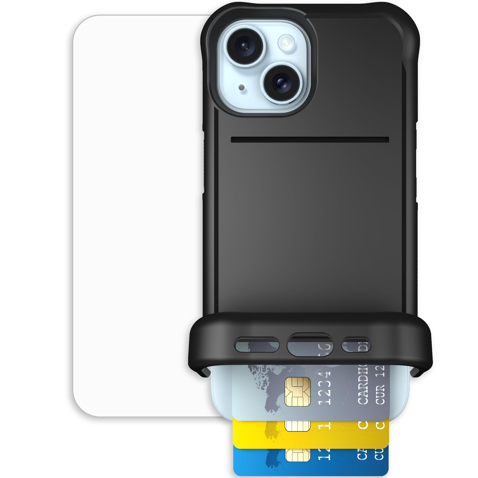 Scooch for iPhone 15 Case with Card Holder, Wingmate Wallet Case Black, Bundled with Tempered Glass Screen Protector