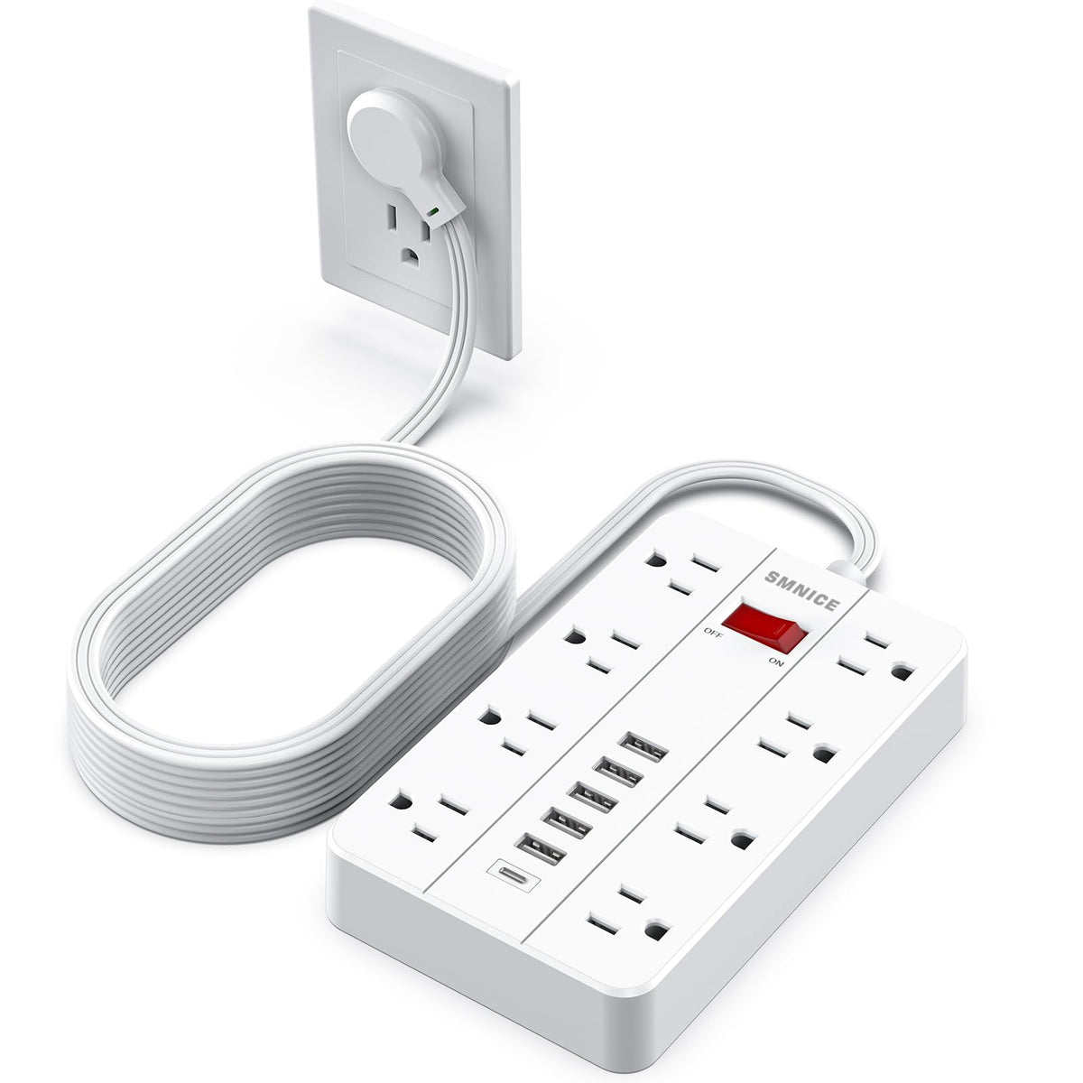Flat Plug Extension Cord 15 Ft, Smnice Surge Protector Power Strip With 8 Widely Spaced Outlets And 6 Usb(1Usb C) Ports, Wall Mo