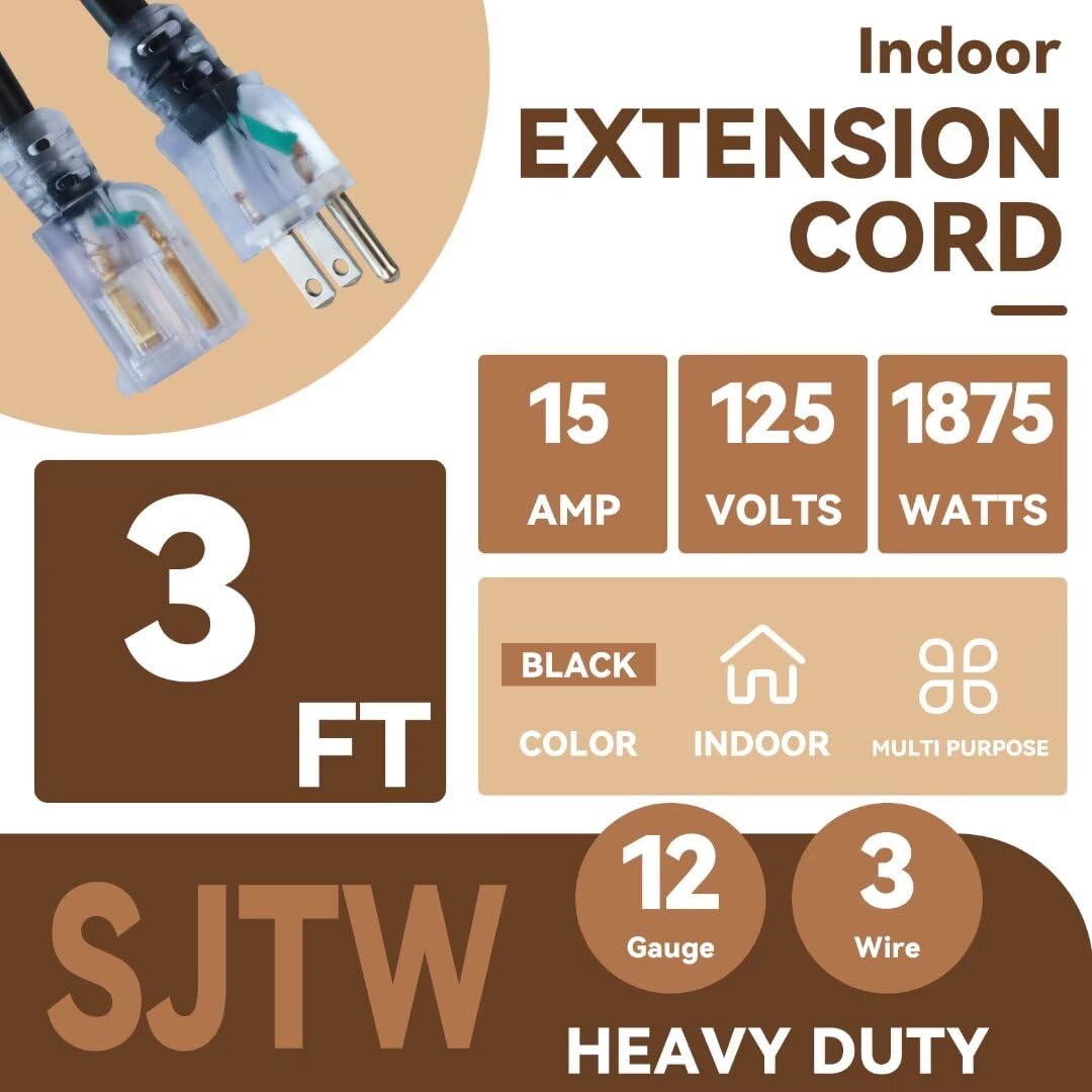 Fnxpow Indoor Extension Cord, 12 Gauge 3 Prong Weatherproof Heavy Duty Black Extension Cord With Lighted Indicator End, Sjtw 15A