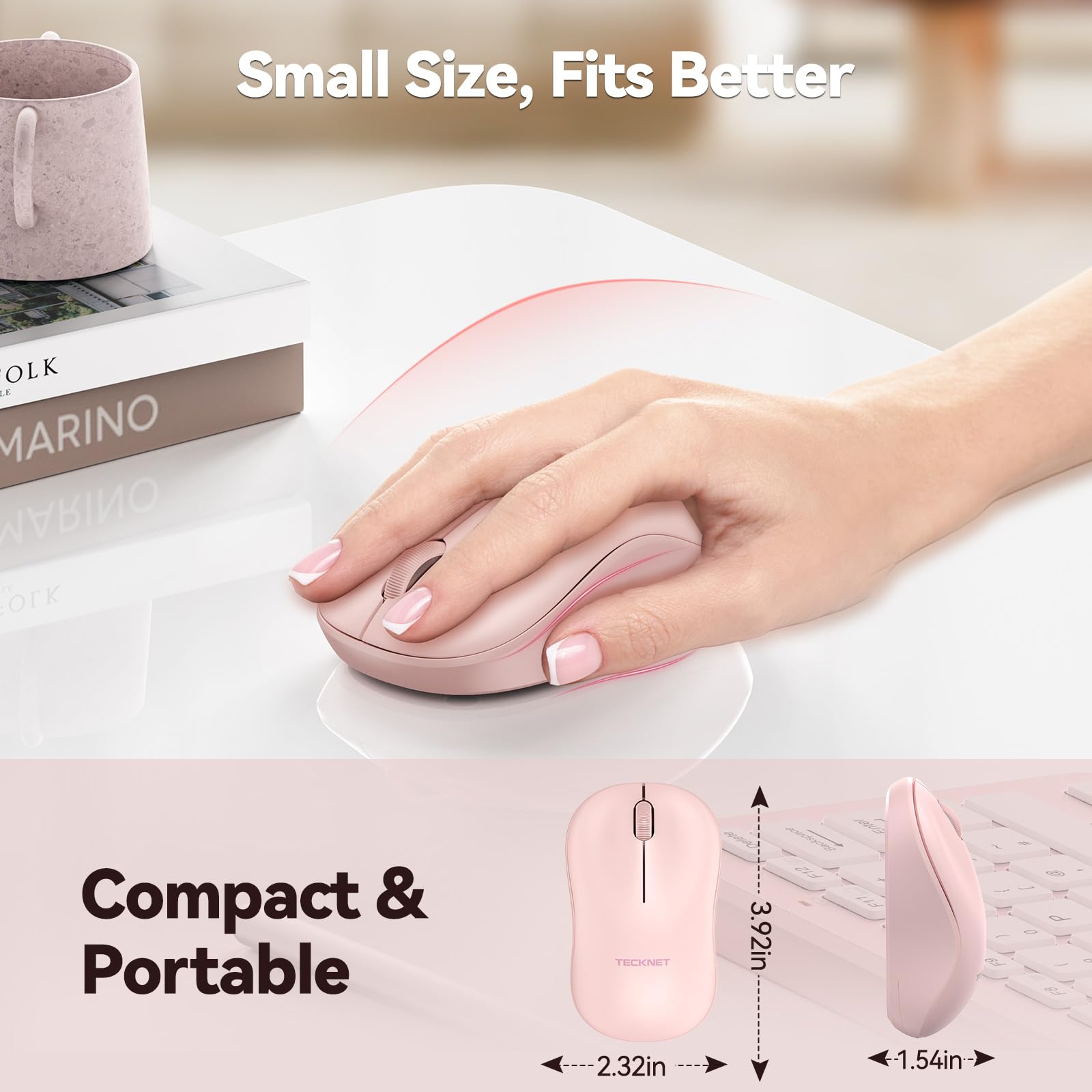 Tecknet Wireless Mouse For Laptop, 2.4G Silent Mouse Quiet Click, Small Portable Computer Mouse, 5 Dpi Levels, Cordless Mice For Pc, Chromebook, Mac   Pink