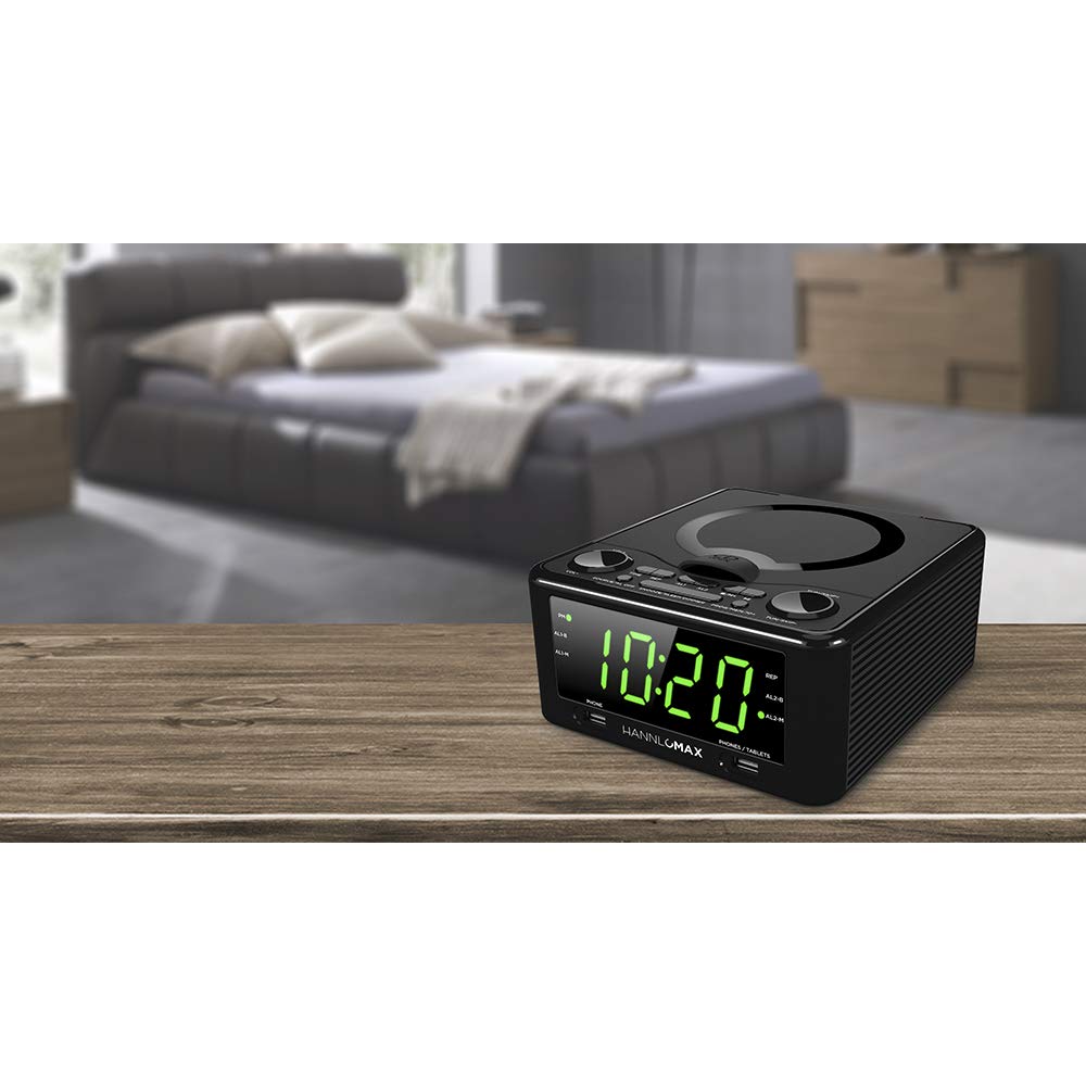 Hannlomax Hx 300Cd Top Loading Cd Player, Pll Fm Radio, Digital Clock, Dual Alarm, 1.2'' Green Led Display, Dual Usb Ports For 1