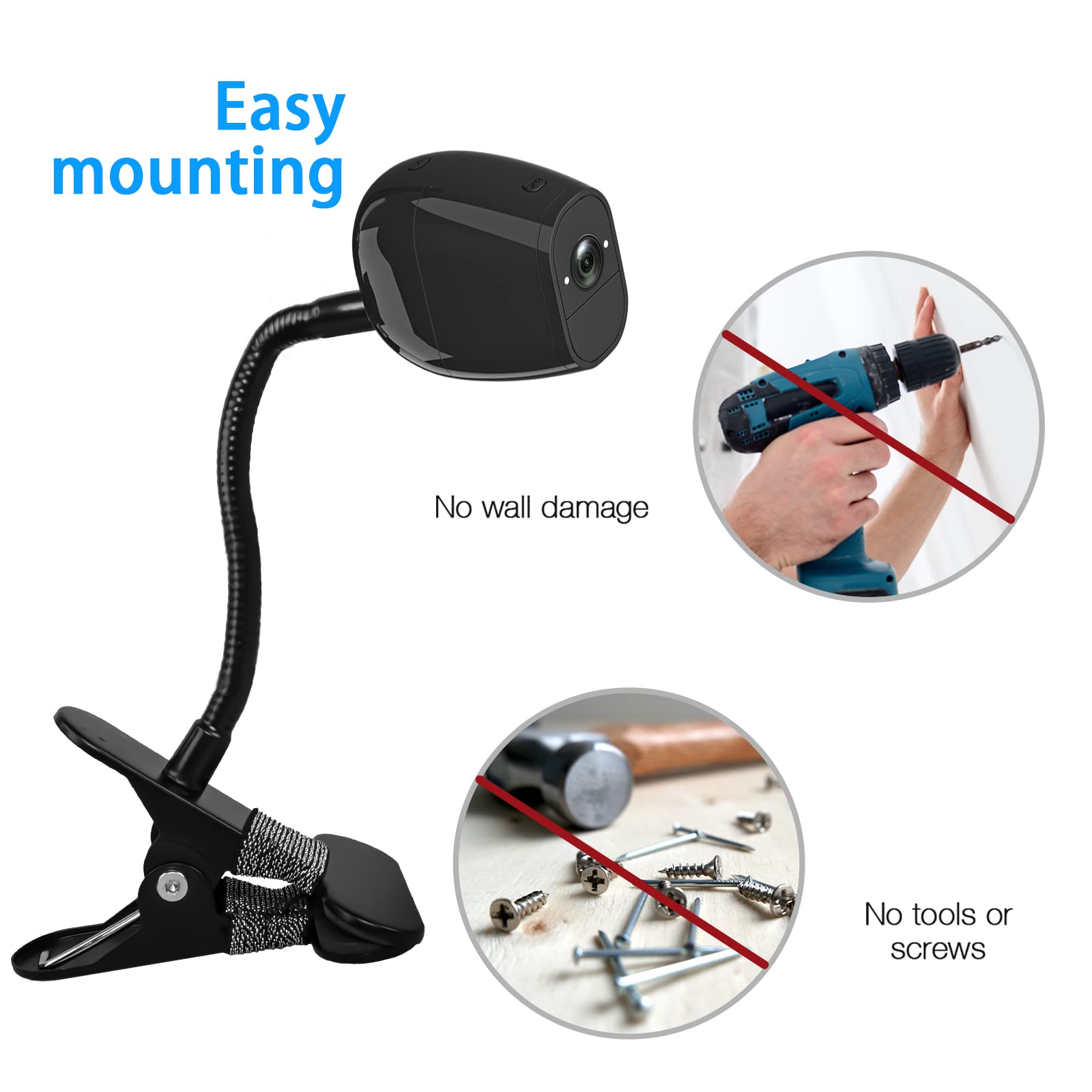 Okemeeo Gooseneck Clamp Mount For Arlo Pro 4/Pro 3/Pro 2/Essential/Eufy/Owlet Duo/Reolink Camera And More On Gutter,Window Guard,Tree(No Drill,Black, 2 Pack)