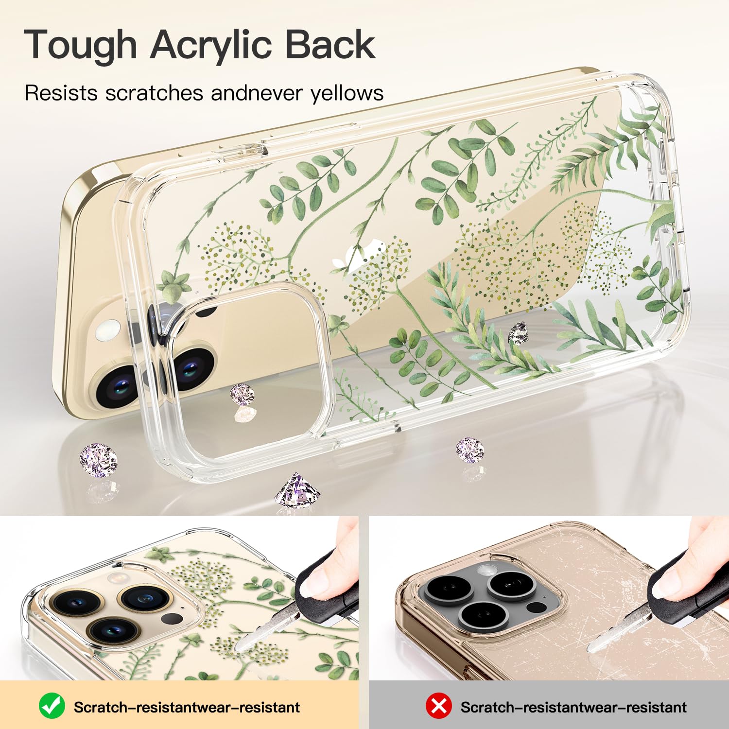 ICEDIO iPhone 13 Pro Phone Case Acrylic Green Leaves Floral 6.1"