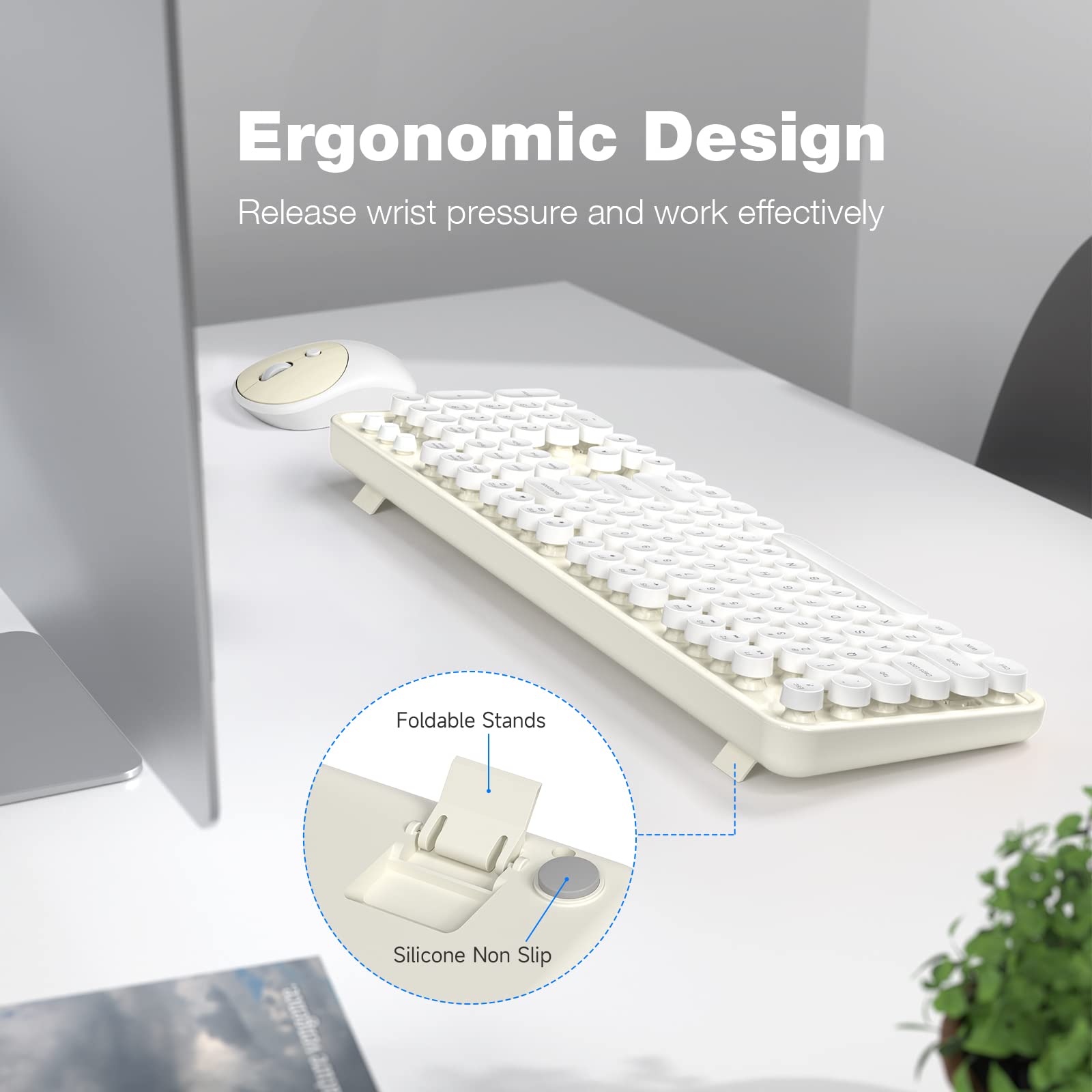 Knowsqt Wireless Keyboard And Mouse Combo   White Milky Full Sized 2.4 Ghz 104 Keys Typewriter Keyboard, Flexible Round Keycap A