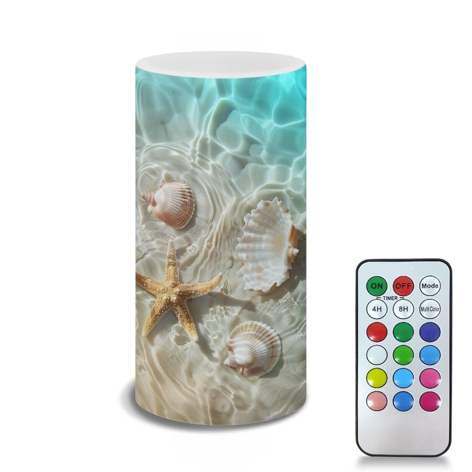 Poceacles Beach Starfish Seashell Flameless Candle Battery Powered with Remote Control 12 Colors 4/8 Hours Timer LED Night Light