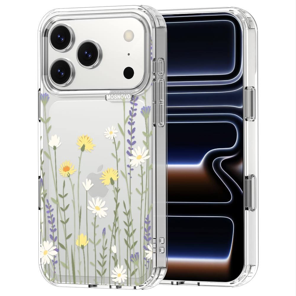 MOSNOVO for iPhone 17 Pro Case | Military Grade 6.6ft Drop Tested | Camera Control | Clear with Wild Meadow Design