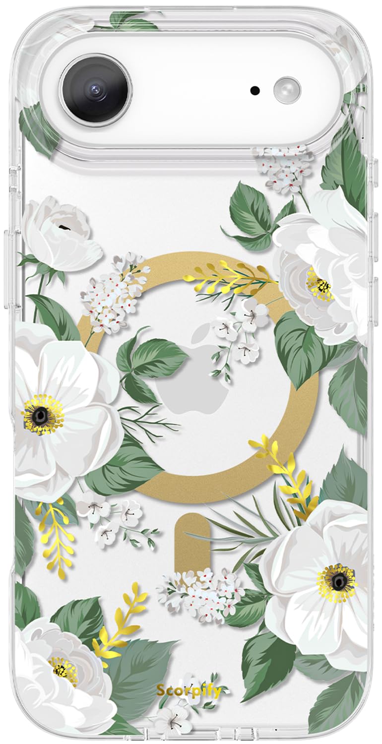 SCORPIFY for iPhone 17 Air Case [Compatible with MagSafe] with White Rose Floral Design, Cute Clear Flower Magnetic Phone Cover 