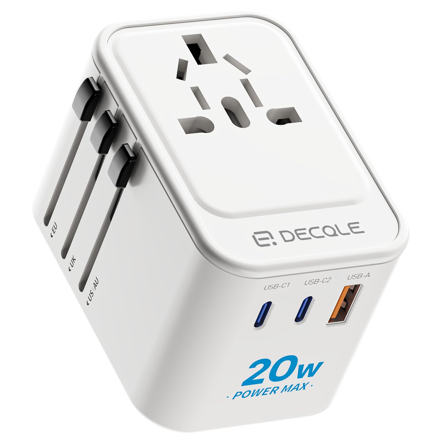 decqle Universal Travel Adapter, International Travel Plug Adapter with 2 USB-C(PD 20W) & 1 USB-A Ports, All in One Portable Ada