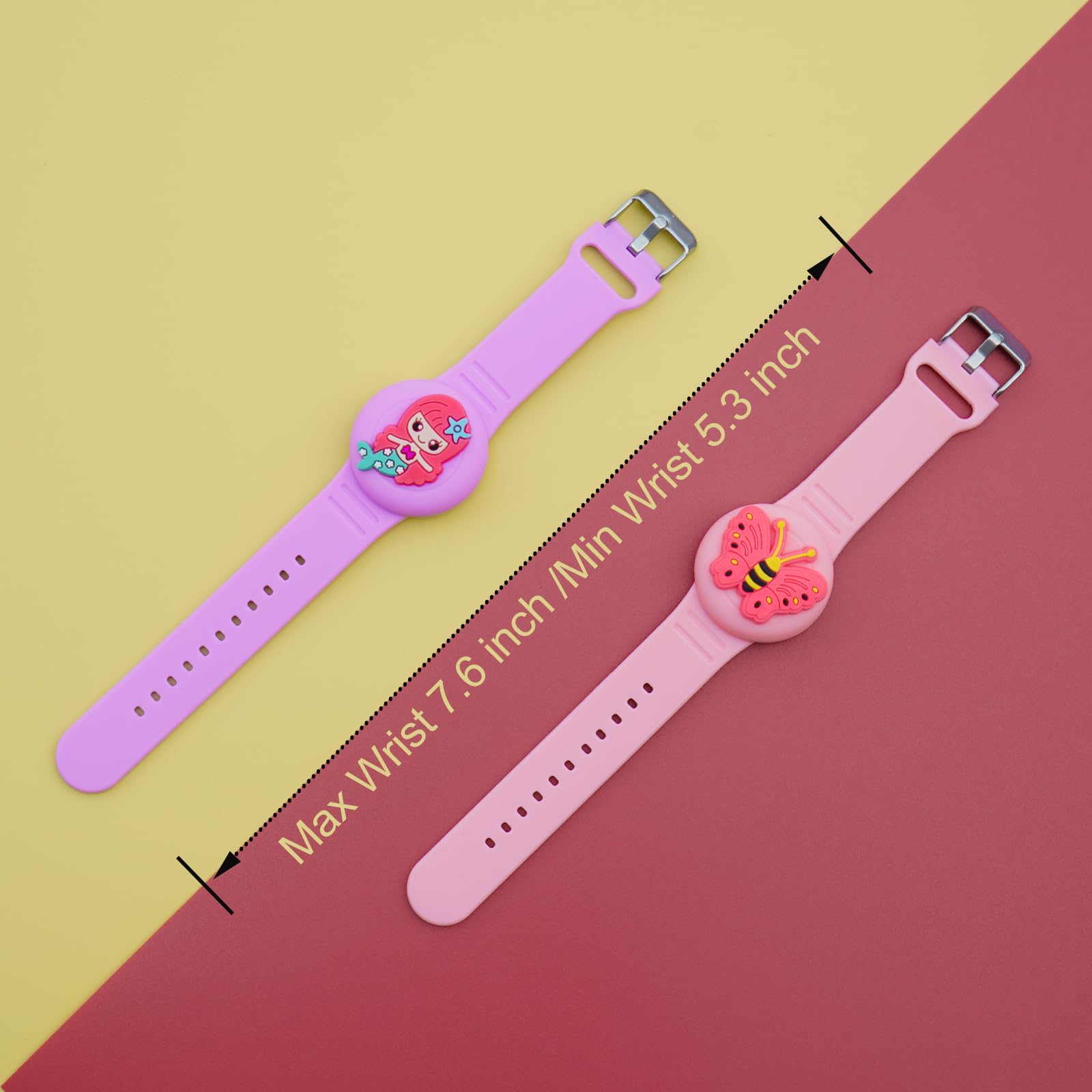 Xeewen 2 Pack For Airtag Waterproof Watch Bracelet Cute Holder For Kids, Pink Purple Wristband Cover (Mermaid Butterfly)
