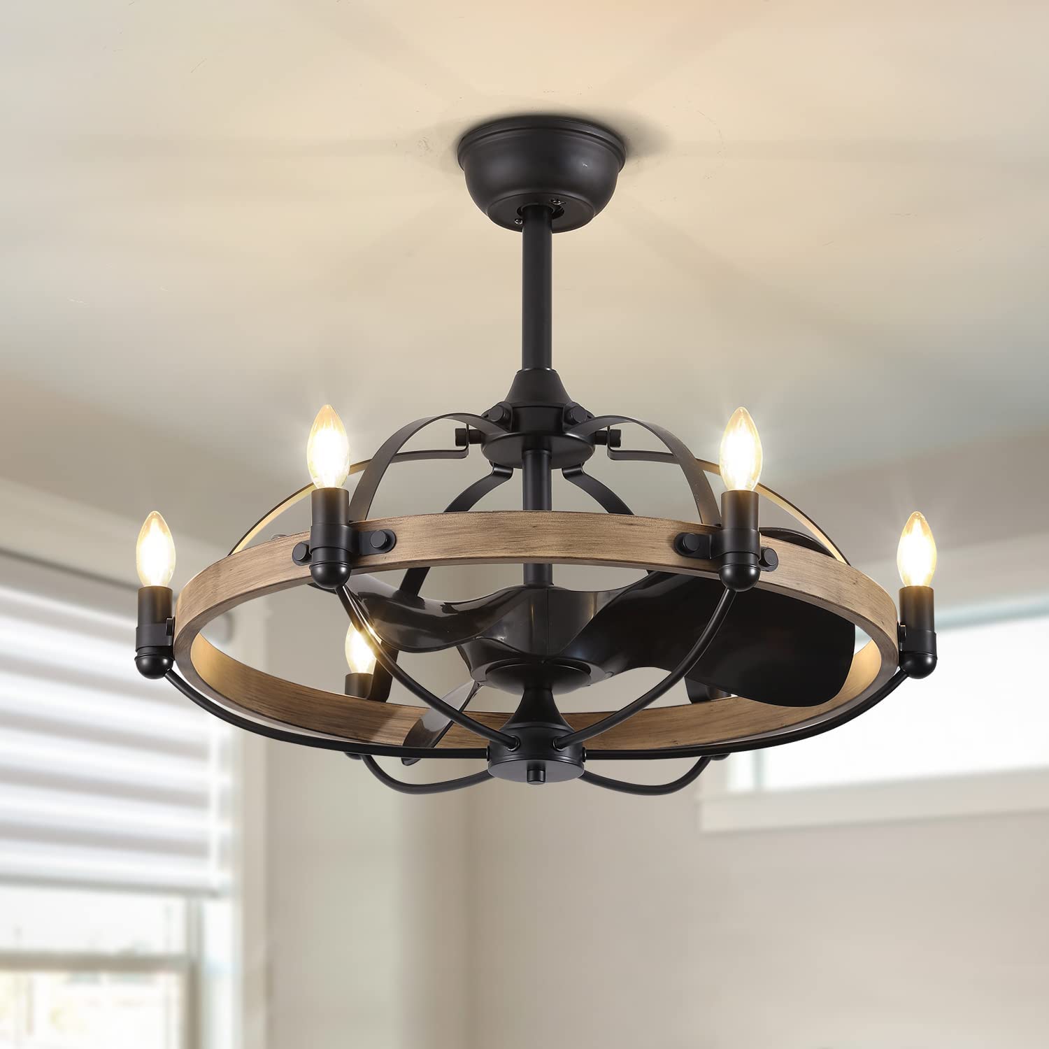 MOOONICHE 27 Farmhouse Ceiling Fan with Light Remote Control, Vintage Cage Ceiling Fan with Lights, Rustic Chandelier Fan for 