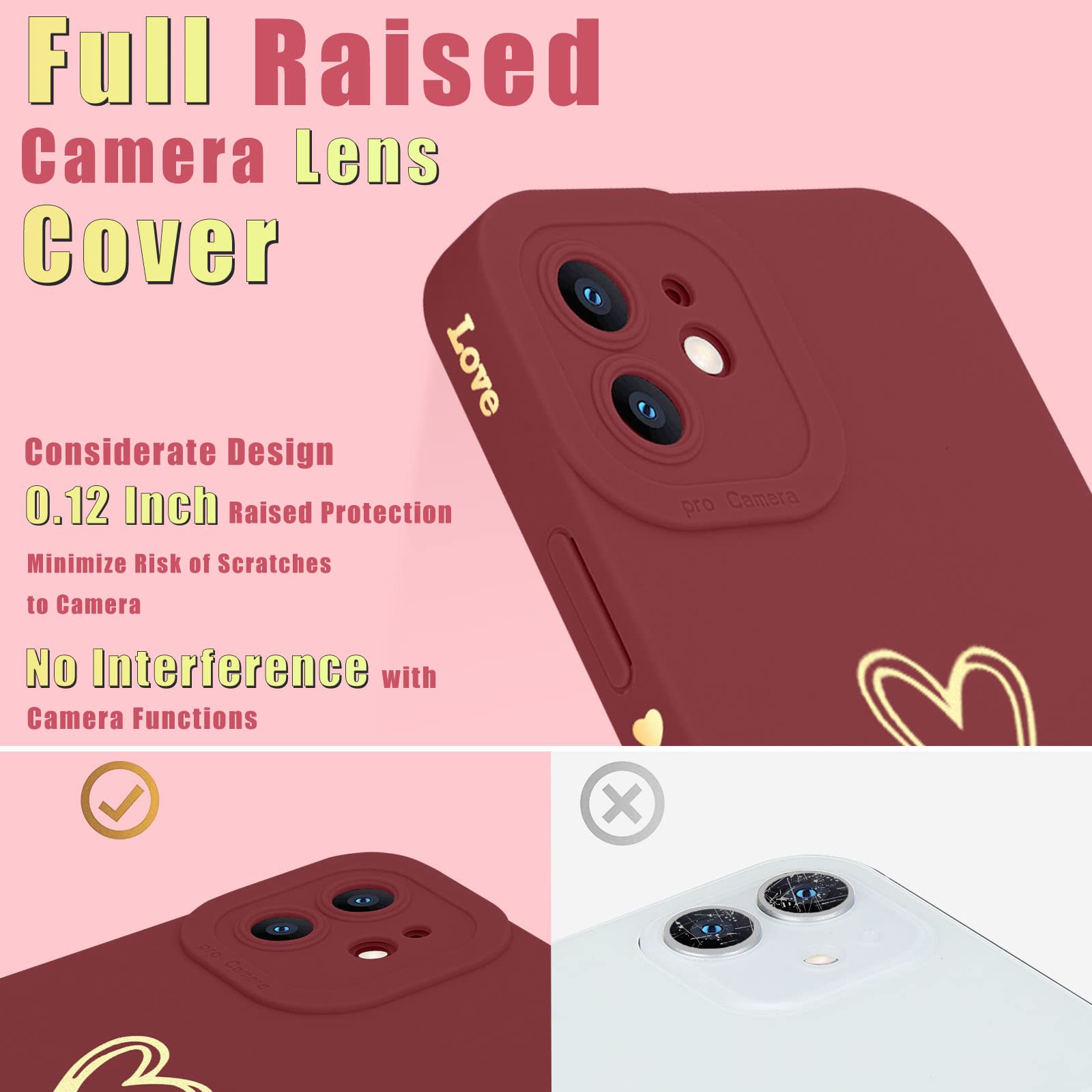 Teageo iPhone 12 Case 6.1 inch Love Heart Full Camera Lens Protection Shockproof Silicone Burgundy
