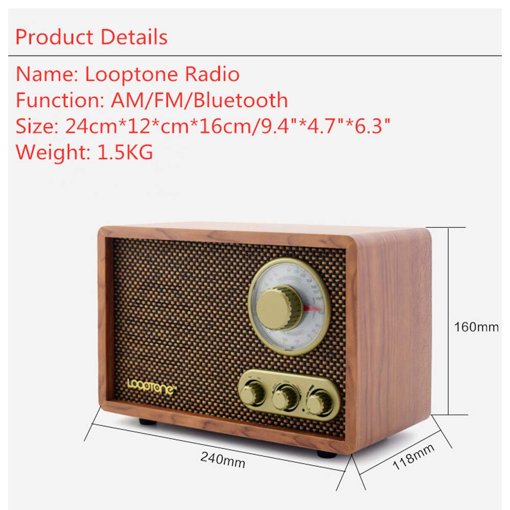 LoopTone Retro AM FM Radio with Bluetooth Speaker, Wooden Design, Treble Bass Control, Model DS-R08-W, Brown