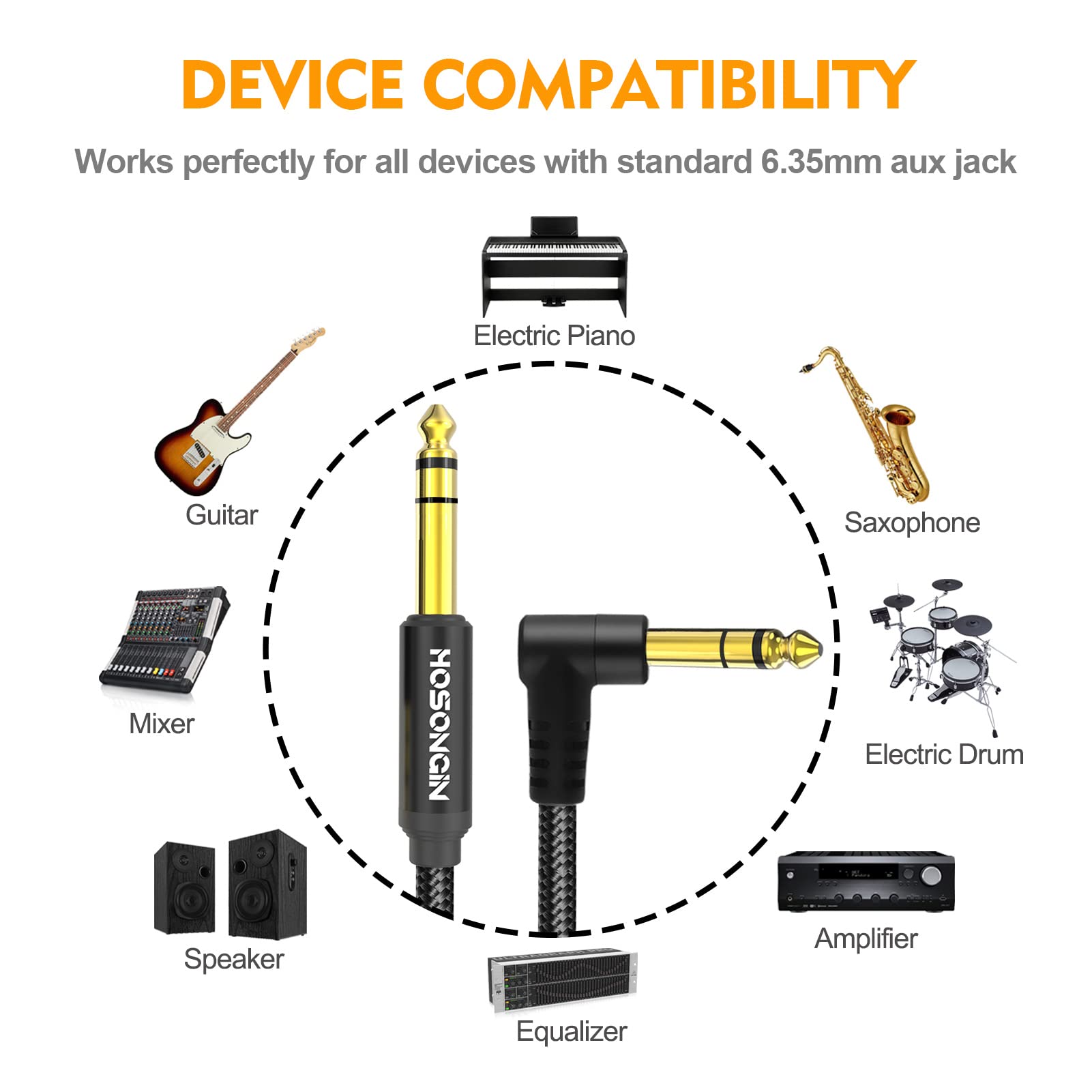 Hosongin 1/4 Inch Trs Instrument Cable 15 Feet 2 Pack, Straight To Right Angle 6.35Mm Male Stereo Audio Cord, Balanced Interconn
