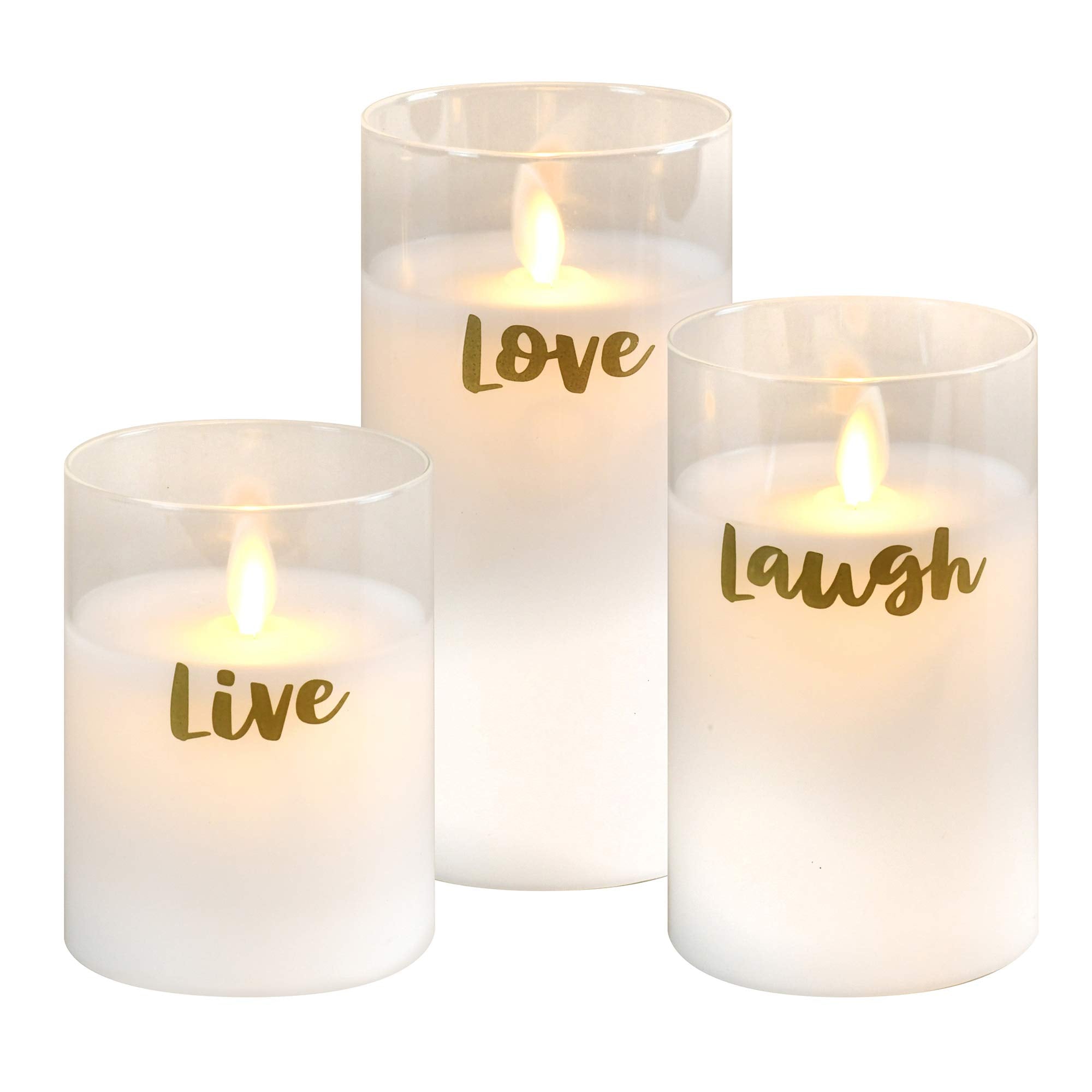 Lumabase Battery Operated Led Glass Candles With Moving Flame, Live Laugh Love   Set Of 3