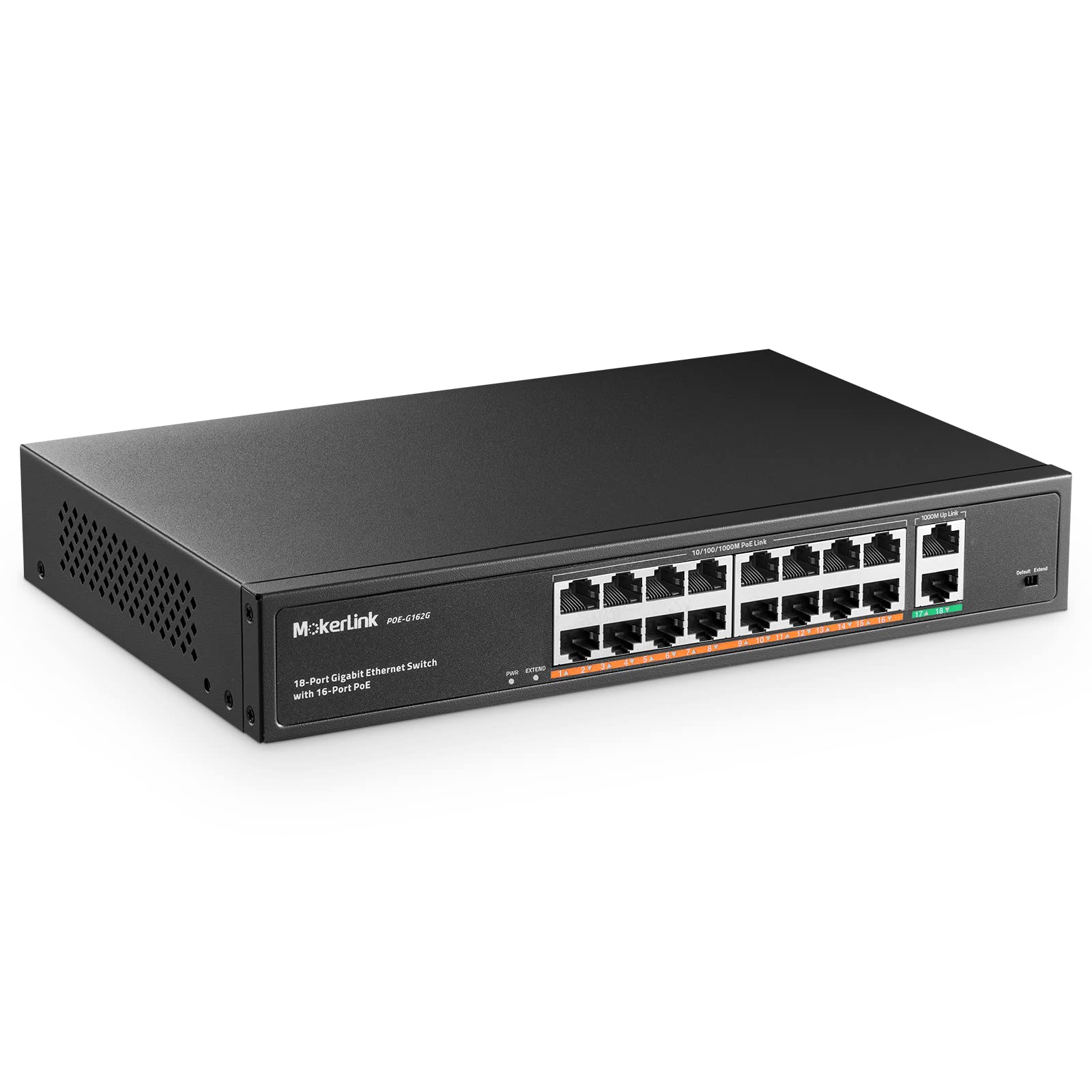 Mokerlink 18 Port Gigabit Poe Switch, 16 Gigabit Poe+ Ports, 2 Gigabit Uplink, 250W Ieee802.3Af/At, Metal Rackmount Unmanaged Pl