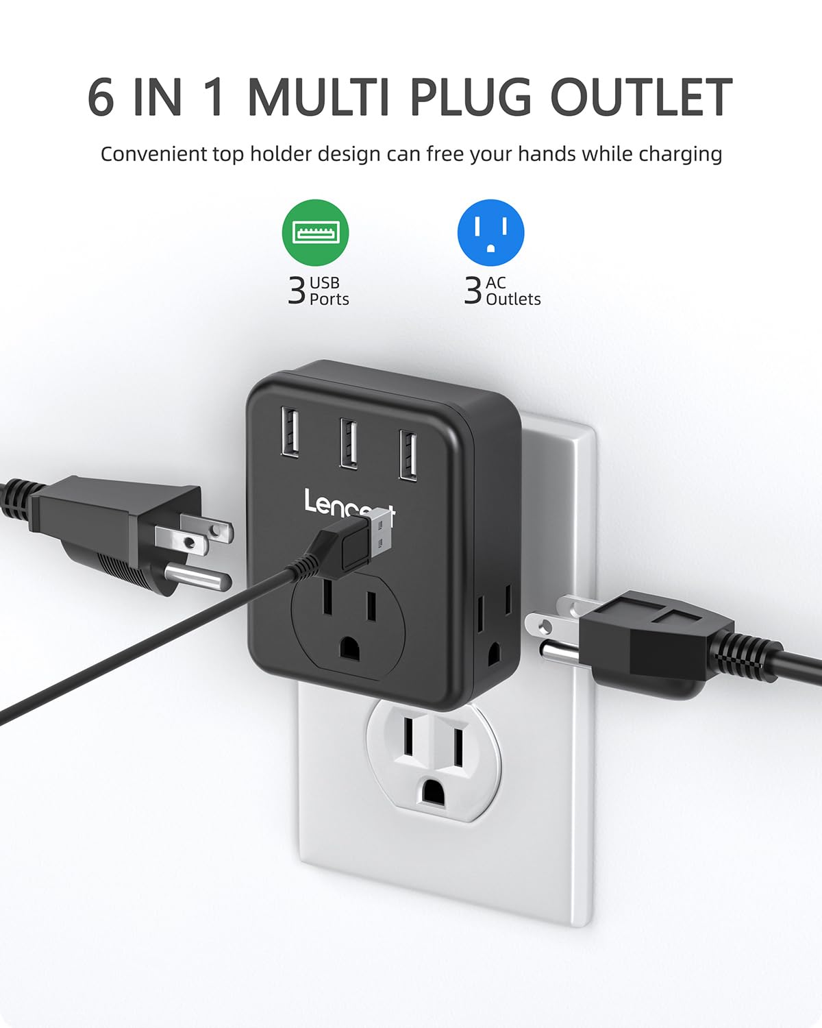 Lencent Multi Plug Outlet Extender, 2 Pack, Usb Brick, 3 Outlets Splitter With 3 Usb Ports, Wall Charger, 3 Prong Power Charging
