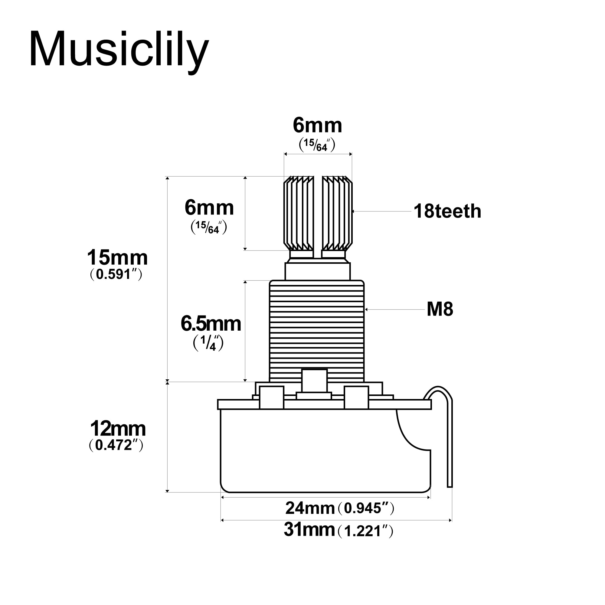Musiclily Basic A250K Metric Coarse 18-Spline Split Short Shaft Pots Audio Taper Potentiometers For Electric Guitar Bass (Set Of