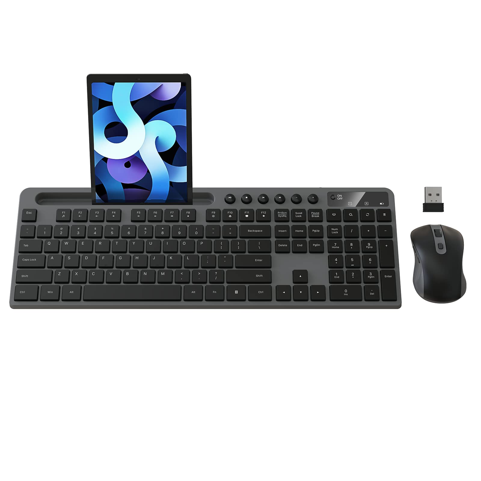 Wireless Keyboard And Mouse Combo, Marvo 2.4G Ergonomic Wireless Computer Keyboard With Phone Tablet Holder, Silent Mouse With 6 Button, Compatible With Macbook, Windows (Grey)