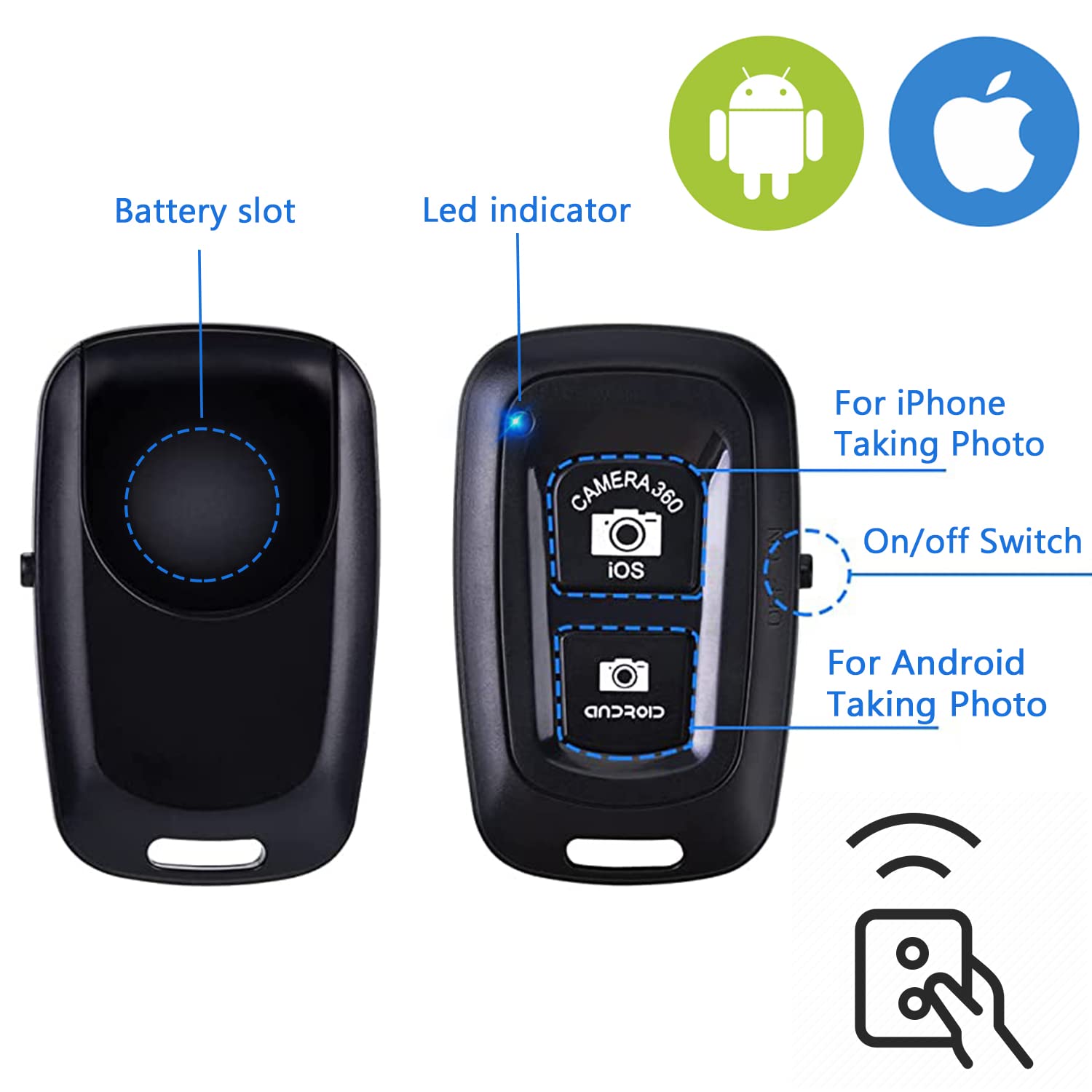 Wireless Camera Remote Control (2 Pack), Wireless Remote For Iphone & Android Phones Ipad Ipod Tablet, Clicker For Photos & Vide