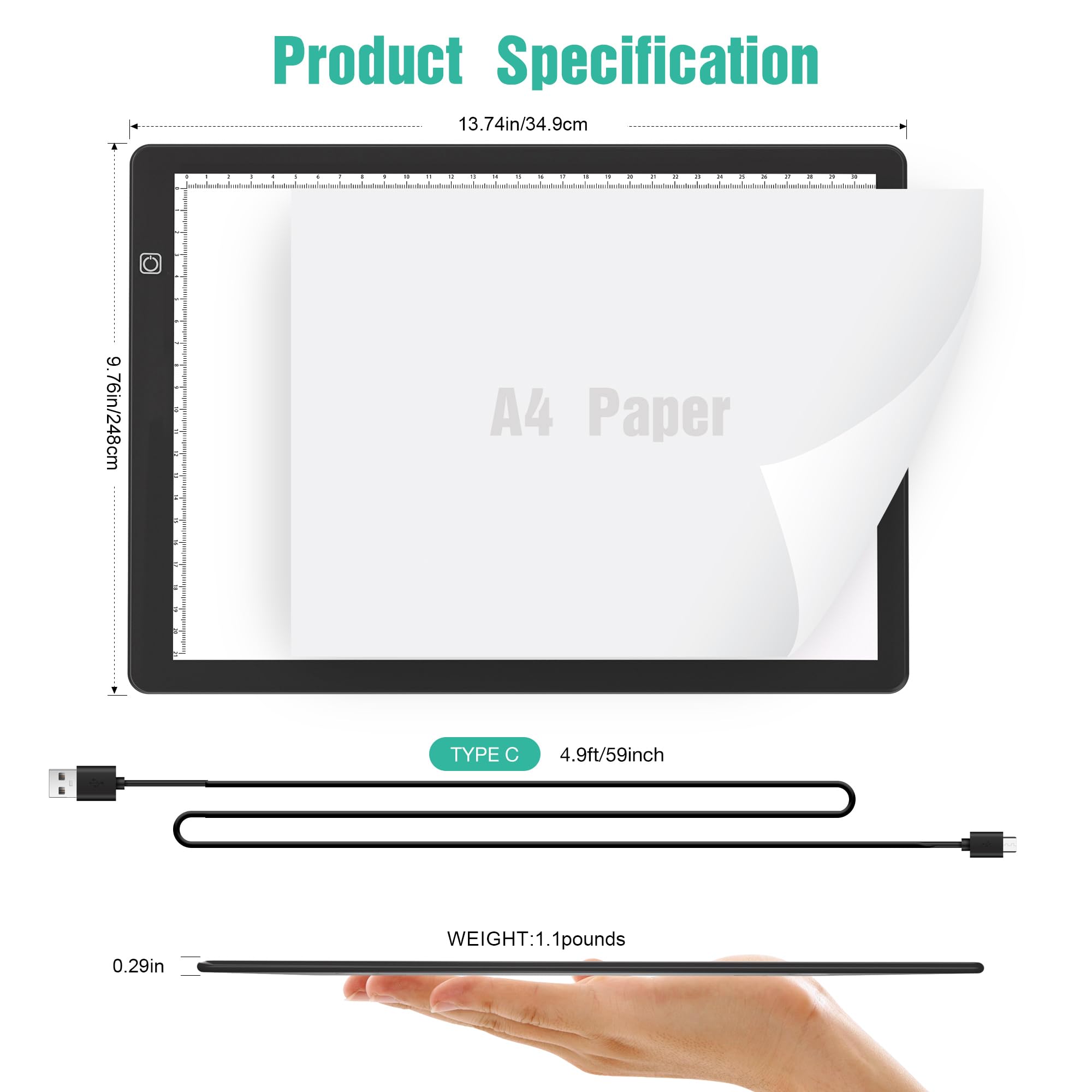 Comzler A4 Led Light Board, 3 Level Dimmable Brightness Usb Power Artcraft Light Table For Tracing, Light Drawing Sketch Pad For