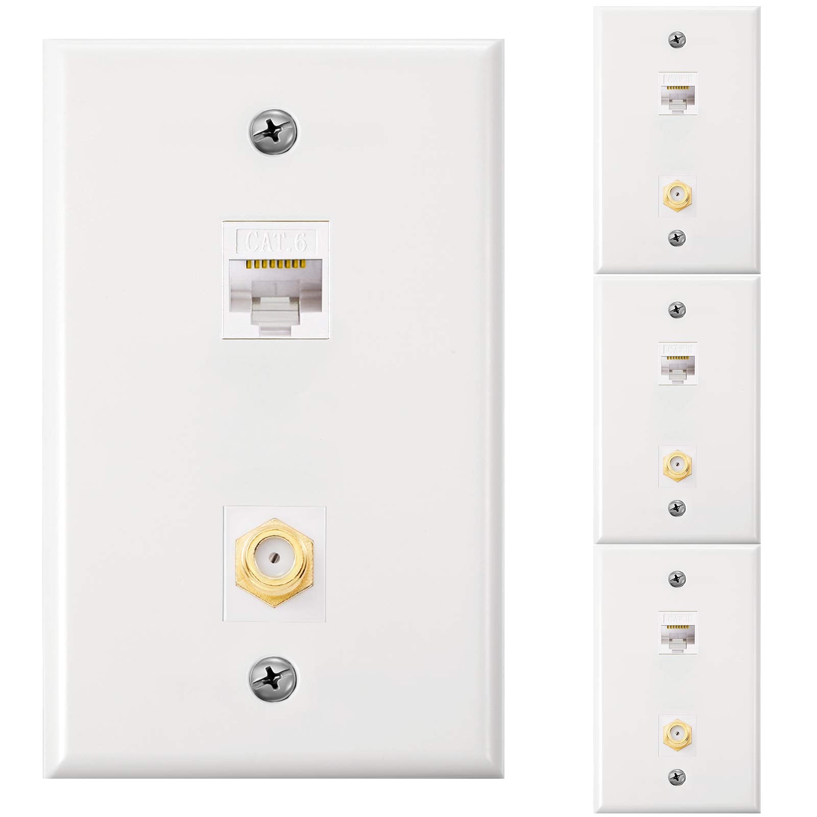 4 Pack Ethernet Coax Wall Plates, Cat6 Coax Wall Plate With Ethernet Port And Gold Plated Tv Coax Cable F Type Port (White)