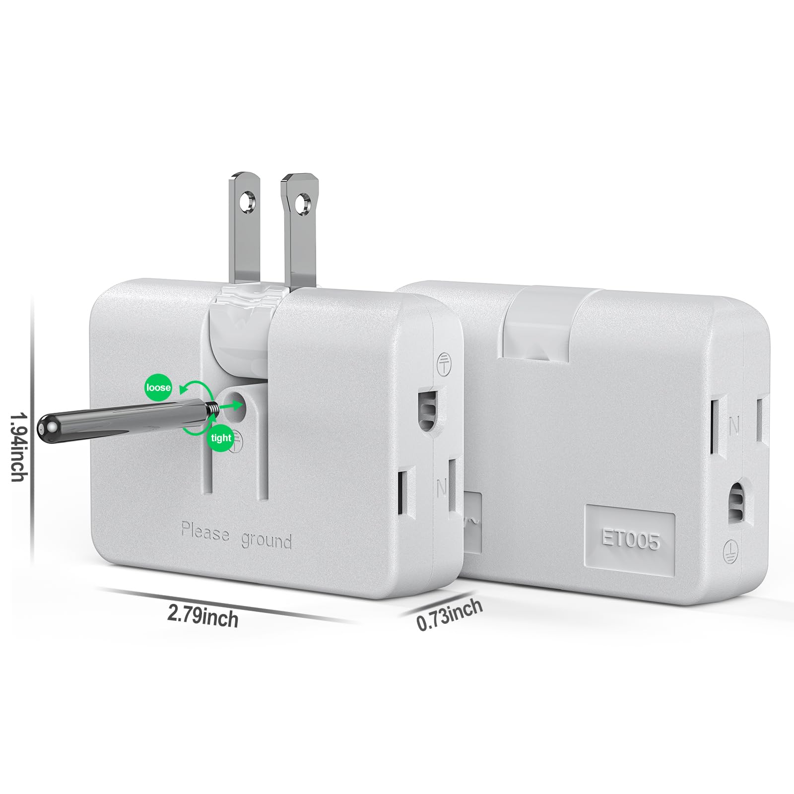 Etwincoo 2 3 Prong Adapter Swivel Polarized Grounding Converter, Fireproof 3 Outlet Adapter For Household, 2 Pack