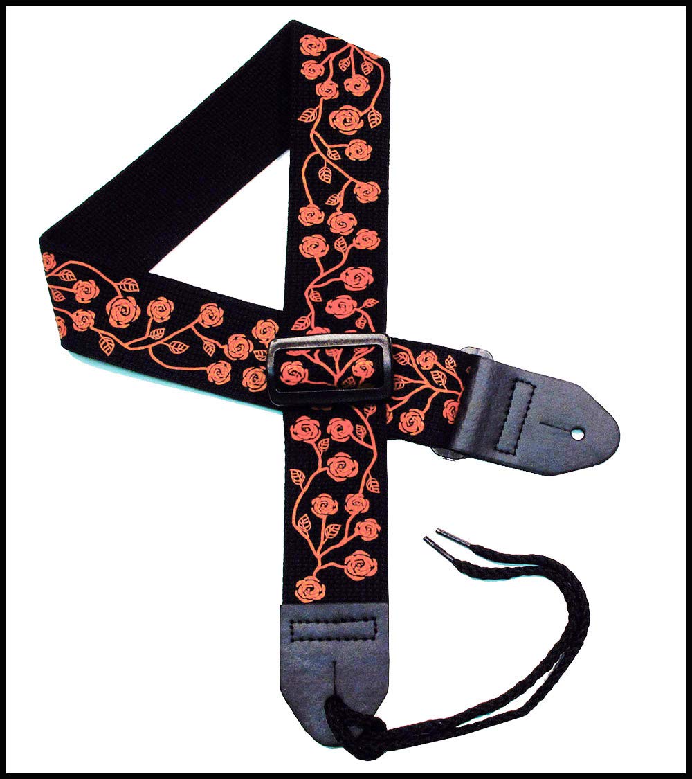 Girls Guitar Strap 2 Cotton Guitar Strap with Red Roses on a Black Strap