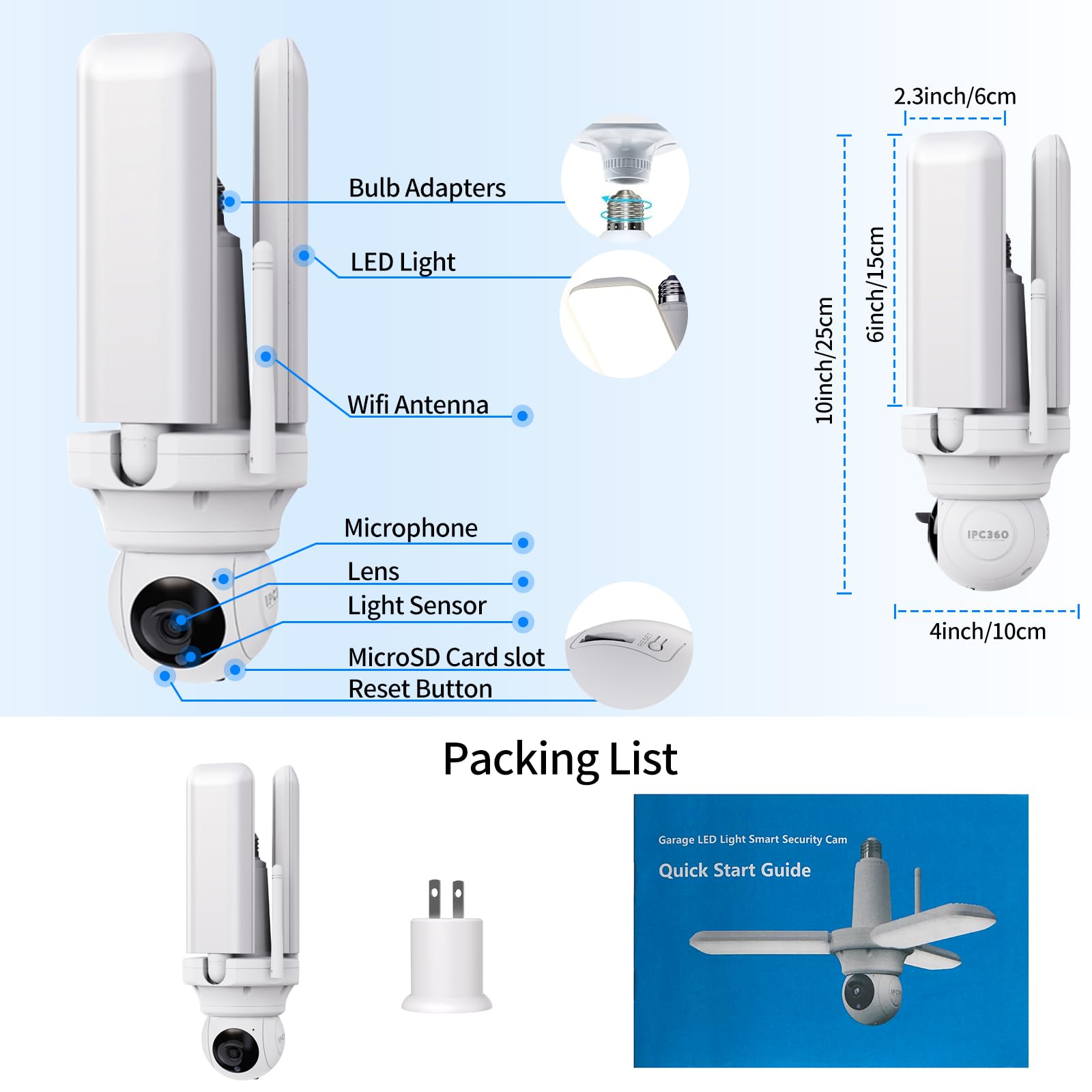Ohbet Led Garage Light Bulb Camera, Floodlight Security Camera With 3 Adjustable Panels Smart Ai Human Detection Screw In E26 Ba