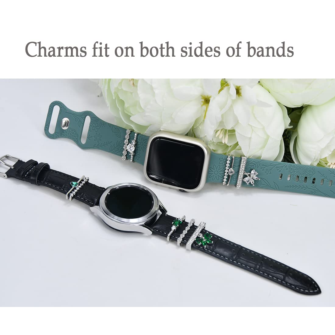 Sunoreek Silver Watch Band Charms For Apple Women, Iwatch Bands Charms , Heart Decorative Rings Loops For Apple Watch Silicone B