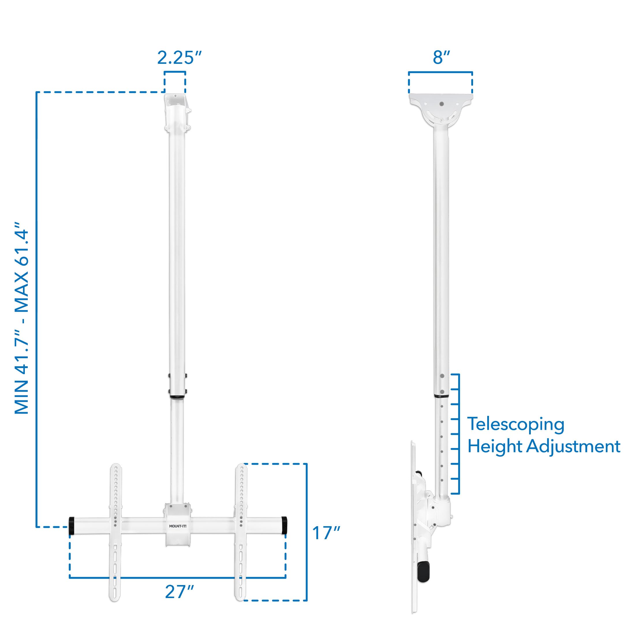 Mount It Ceiling TV Mount Bracket, Fits 40 42 47 50 55 60 70 Inch Flat Panel Televisions, Adjustable Height Telescoping Tilt and Swivel, Mount on Vaulted Ceilings Up to VESA 600x400 (MI 509L), White