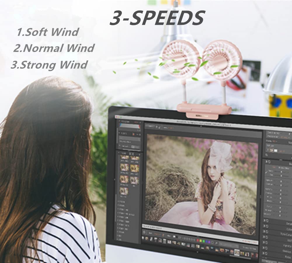 Thrrly Desktop Fan, Monitor Clip On Fan With 2 Fan Heads, 3 Speeds Office Desk Fan Usb Powered Cooling Fan With Sturdy Adjustabl