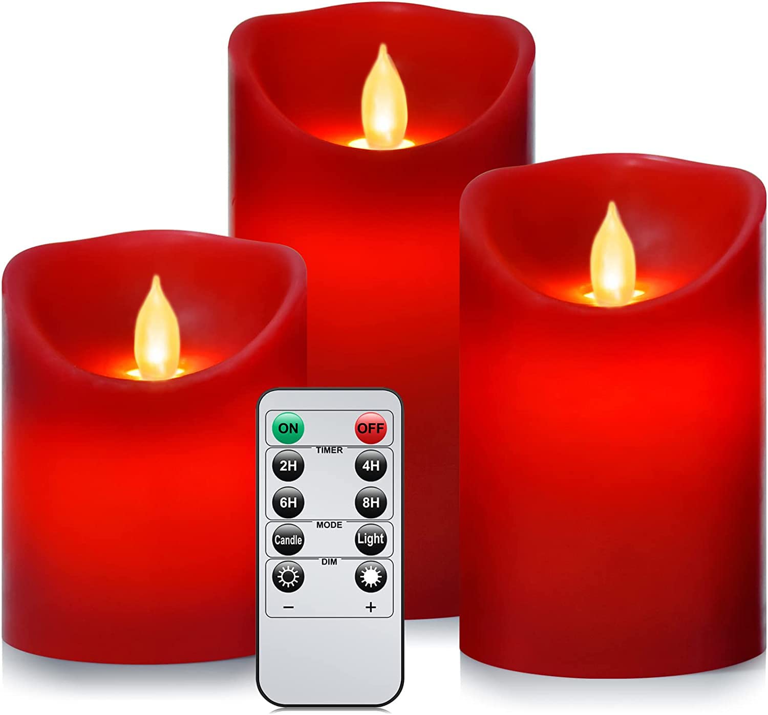 Nancia Flameless Battery Operated Flickering Candles:3PACK Red Real Wax Pillar Candle,Electric LED Candle with 10-Key Remote Con