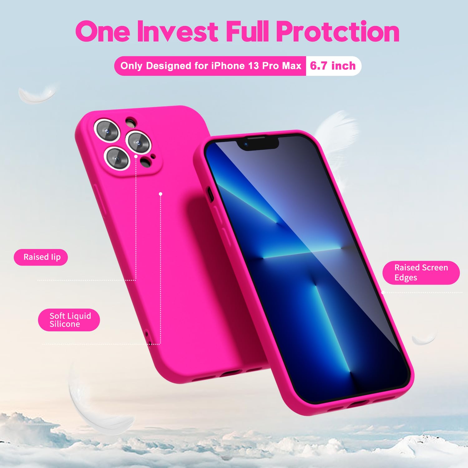 Oakxco For Iphone 13 Pro Max Phone Case Liquid Silicone, Fluorescent Bright Solid Color, Cute Thin Slim Soft Rubber Tpu Plain Sm